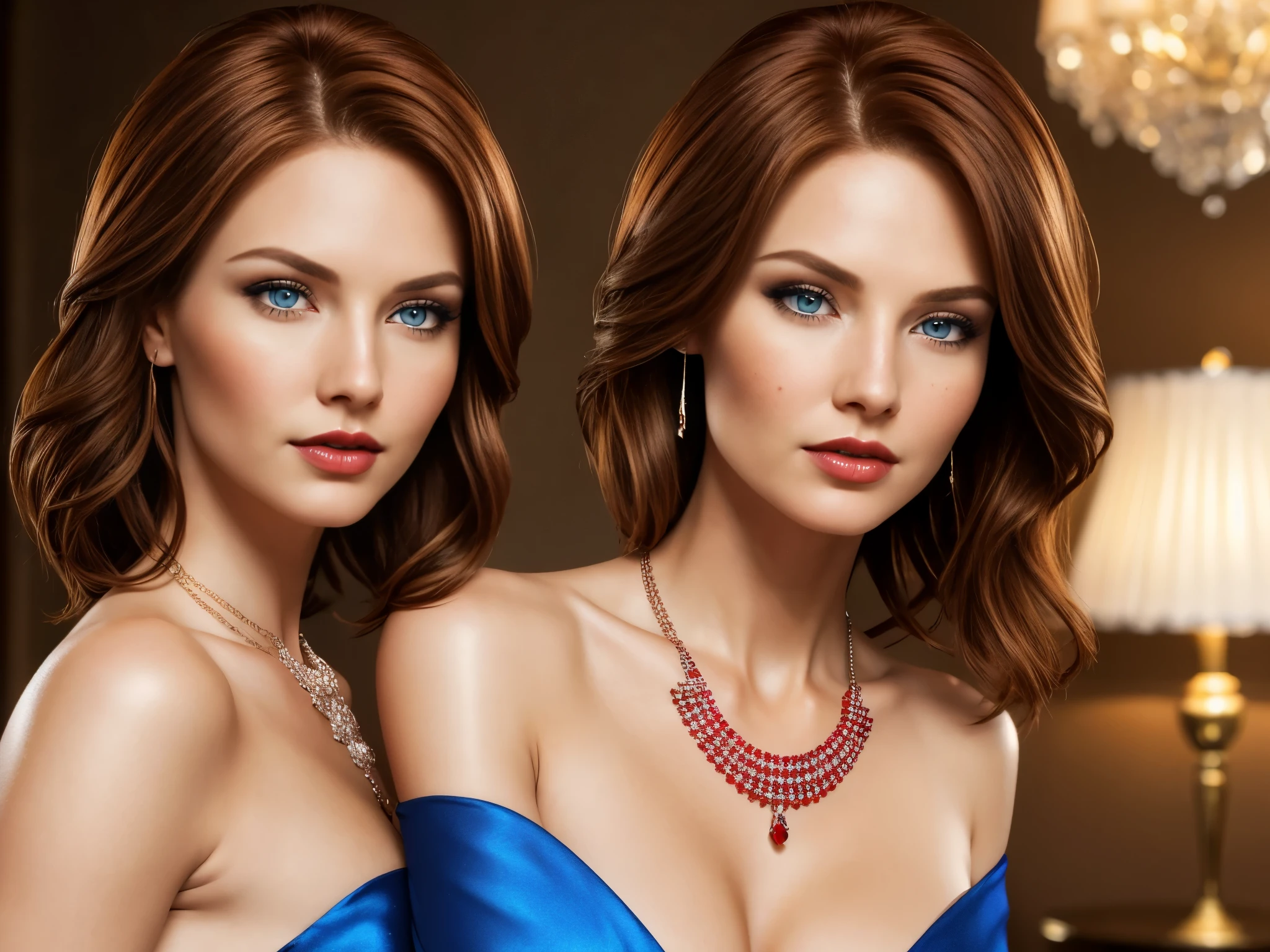 Caucasian woman, short redish-brown hair, photo-realistic skin texture, 30 years old, slender, high cheek bone, rounded face, beauty mark on left cheek, medium tits, red sexy lips, blue eyes, glamour shot, promo shot, photo of a model, seductive look, diamond necklace, 16k, photo-realistic