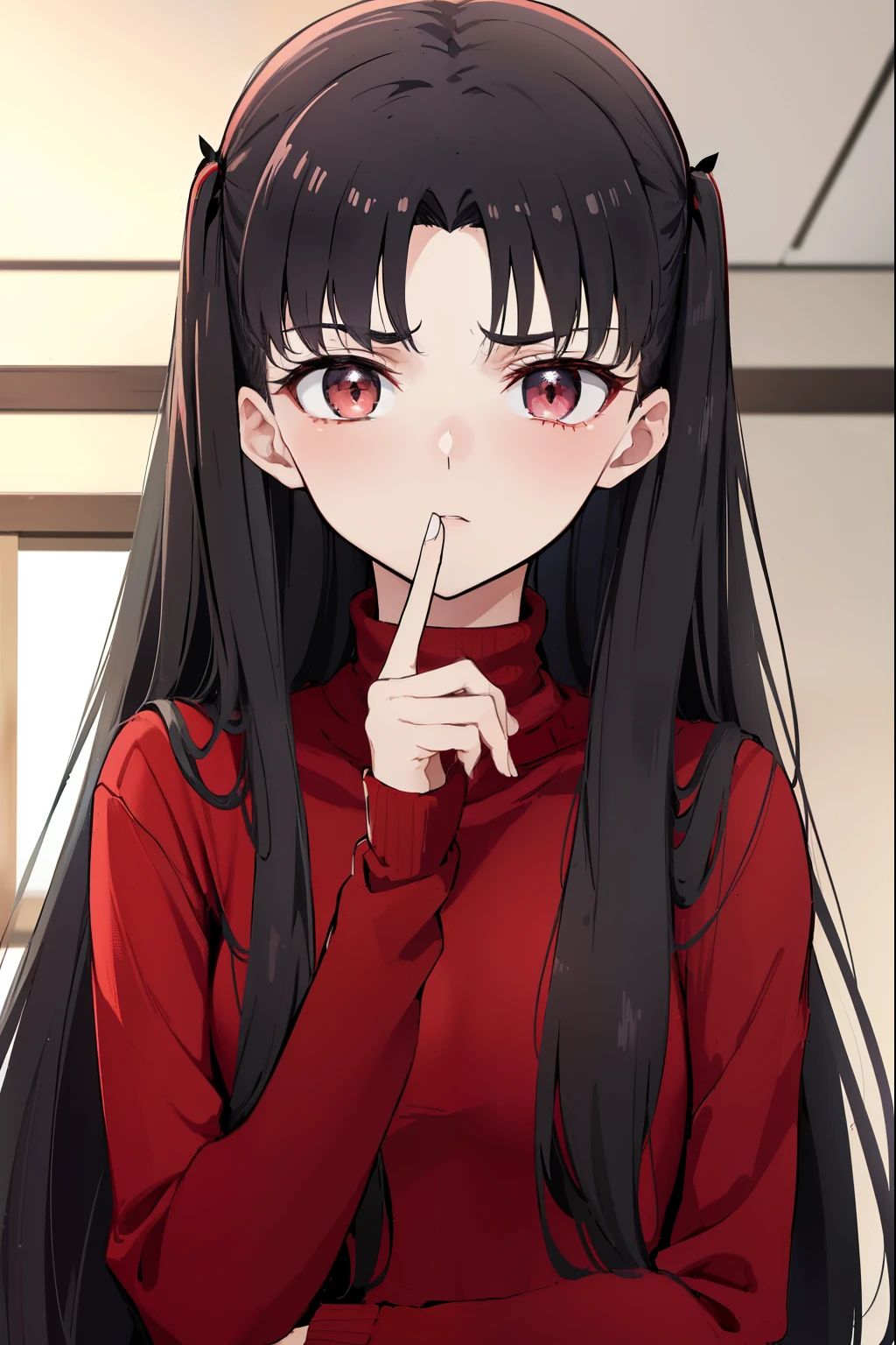 RinTohsaka, Tohsaka also., cabelo com olhos aqua:1.5), hair fita, cabelos longos, fita, Fechaduras laterais, dois lados para cima, (franja separada:1.5),
quebrar black saia, black coxas, mangas compridas, minisaia, pleated saia, (red sweater:1.5), saia, sweater, coxas, turtleneck,
quebrar indoors, sala de aula,
quebrar looking at viewer, corpo inteiro,
quebrar (master part:1.2), best quality, high resolution, Unity 8k papel de parede, (illustration:0.8), (belos olhos detalhados:1.6), Rosto extremamente detalhado, perfect lighting, CG extremamente detalhado, (perfect hands, anatomia perfeita),