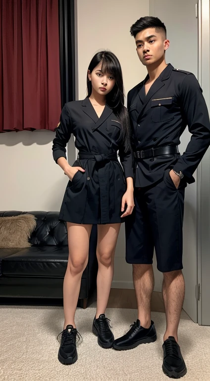 Young Chinese American twin's ( boy and girl ), , military haircut, dark hair, intense blue eyes, intense gaze, affiliated features, no facial hair, height 1.80, weight 80 kg, muscular build, broad shoulders, V-shaped body, sleeves tattoo's on right arm, full body focus, completely hairless, black belts