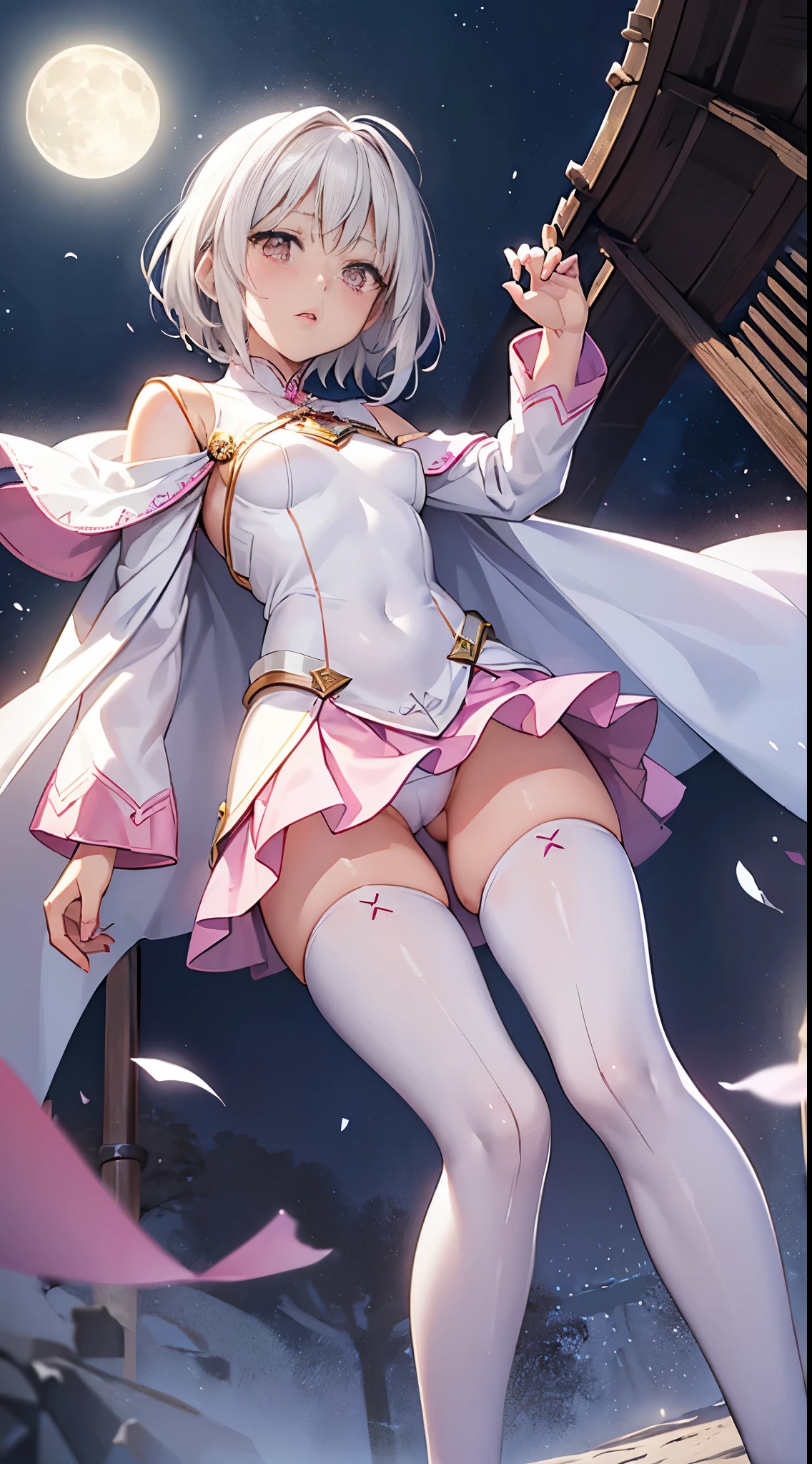 One lady,ars,((White hair) ,((())), (()), (())(()),((White microskirt,pink bodysuit and short white cloak)),,(A dark-haired,),((Fantasy,Moon Night))((Clothes are torn))