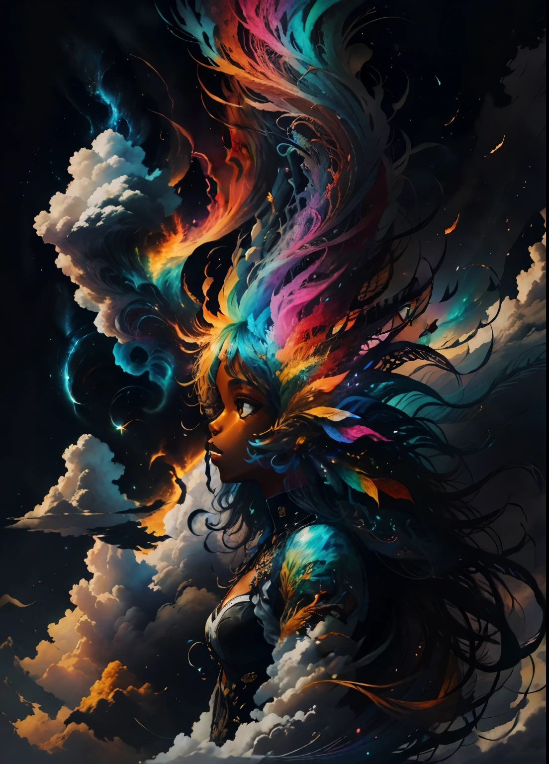colorhalf00d,, top-down view of a gabrielle uniyon, side profile, black woman, feathers, clouds, acceptance