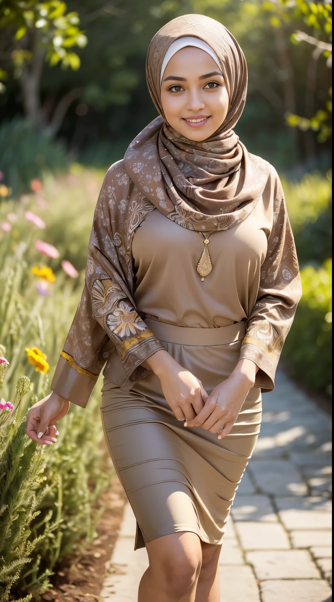 Close up),RAW, Best quality, high resolution, masterpiece: 1.3), Beautiful Malay woman in hijab,Karya, fit body, big breasts, big beautiful eyes, Soft smile, beautiful face,woman wearing plaid dress in garden plant, dress, hijab , bautiful, medium full shot, beautiful, dark brown long skirt, women's long dress, in medium full shot masterpiece art,perfect lighting, Clean lines