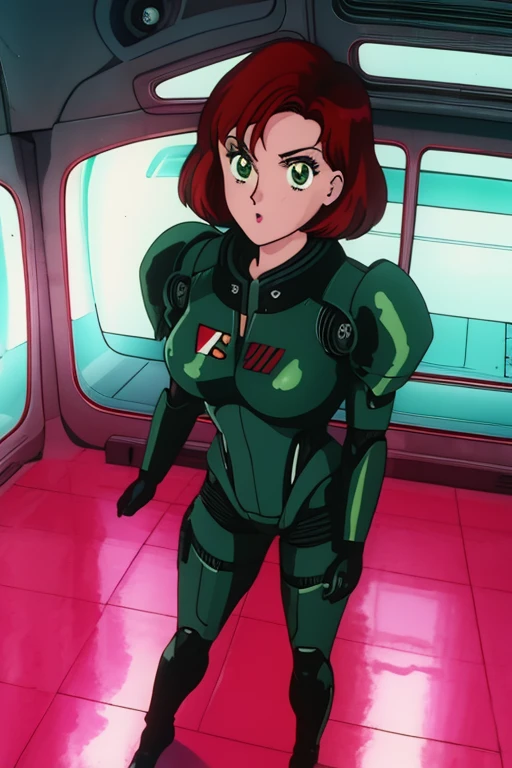 1990s \(style\), retro artstyle, 1990s anime cels style, best quality, high resolution, solo, indoors, retro anime, Jane, solo,short hair,red hair,green eyes, Shepard, black power armor, standing, upper body, N7, space pod, neon lights, (insanely detailed, beautiful detailed face, masterpiece, best quality), full body portrait