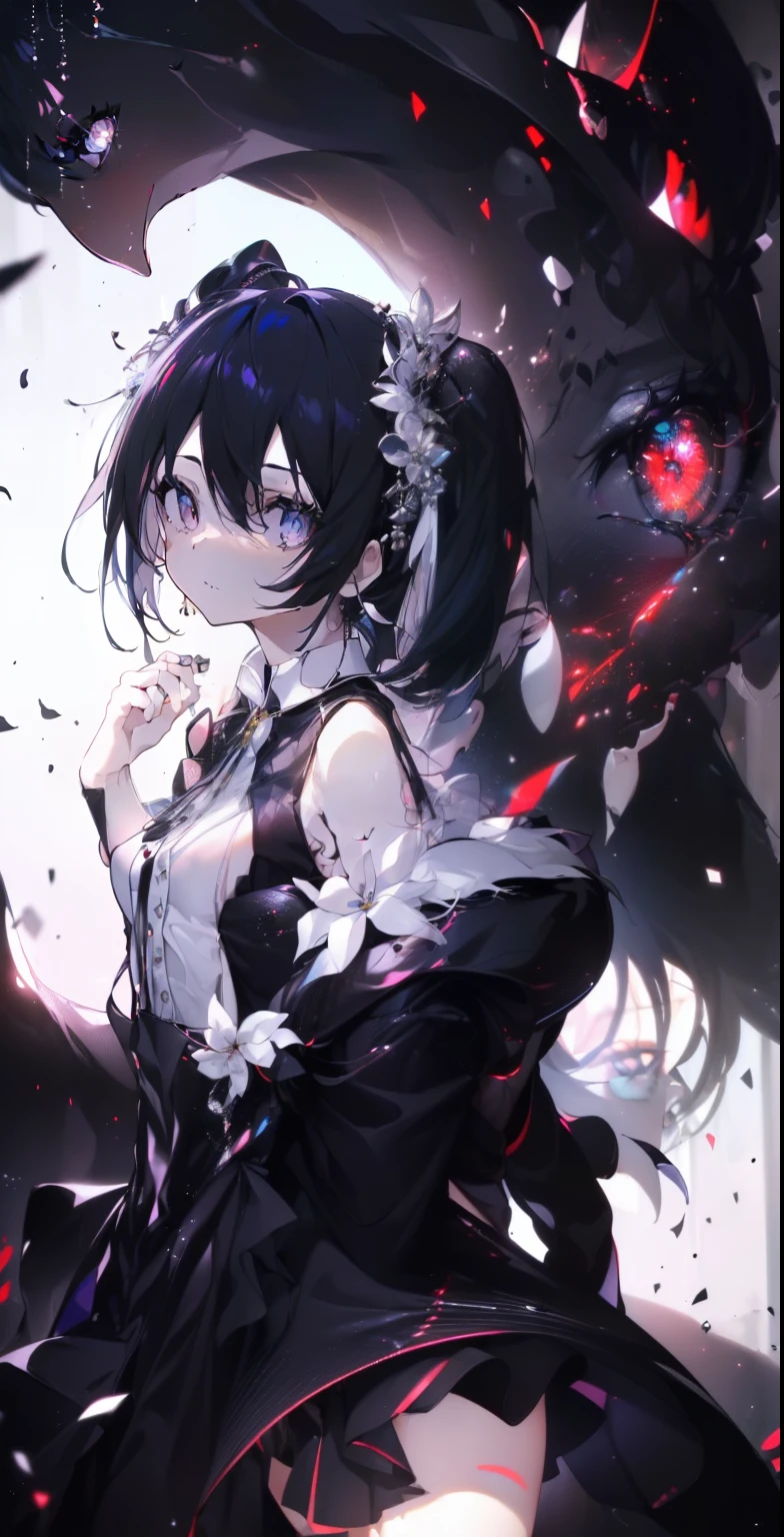 (tmasterpiece, Best quality, 超高分辨率), 1个Giant Breast Girl, Permanent, 校服, White office shirt, a black pleated skirt, ((Black, Black hair:0.7), Cut your hair long, pale-skinned, ((紫色 The eye)), glowing_The eye, neon The eye, (ultra detailed The eye, beautiful and detail face, detailed The eye:0.9), ((at centre)), ssmile, ((广角镜headacing to audience, Line of sight height, (black Background with, ember, firey), flatchest, looking at viewert, ((half closed The eye)), ((Perfect hands)), (((heads, arma, glute, elbows, in sight))), ((Place your hands behind your back)), empty The eye, beautiful light up, Background with, clear subject, 25 age old, perfect anatomia, perfect bodies,Kiriko