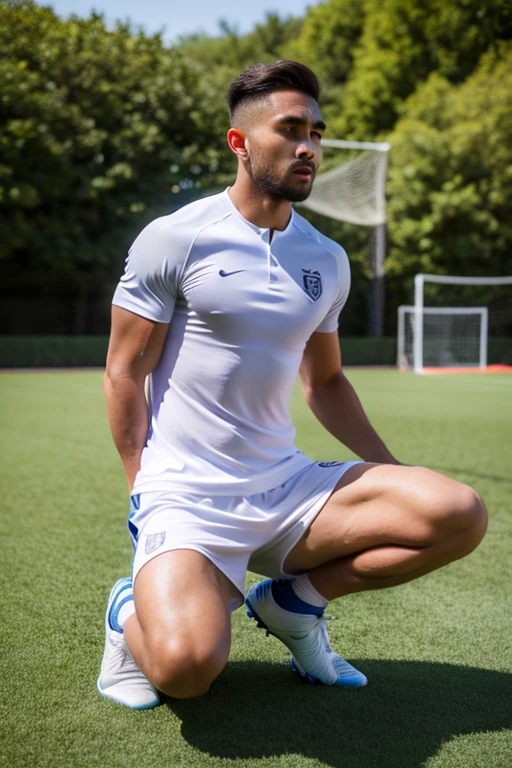 A high resolution:1.2, actual, Detailed pubic hair, Complicated details, squatting on the ground, Sporty atmosphere, male people,soccer player, musculature, tightsuit, s the perfect face, It's all sweat, rays of sunshine, 发达大腿musculature,Eight-pack abs, Serious, Tall figure, cold light, ,soccer court, soccer cleats,Huge pectoral muscles, whitestocking.