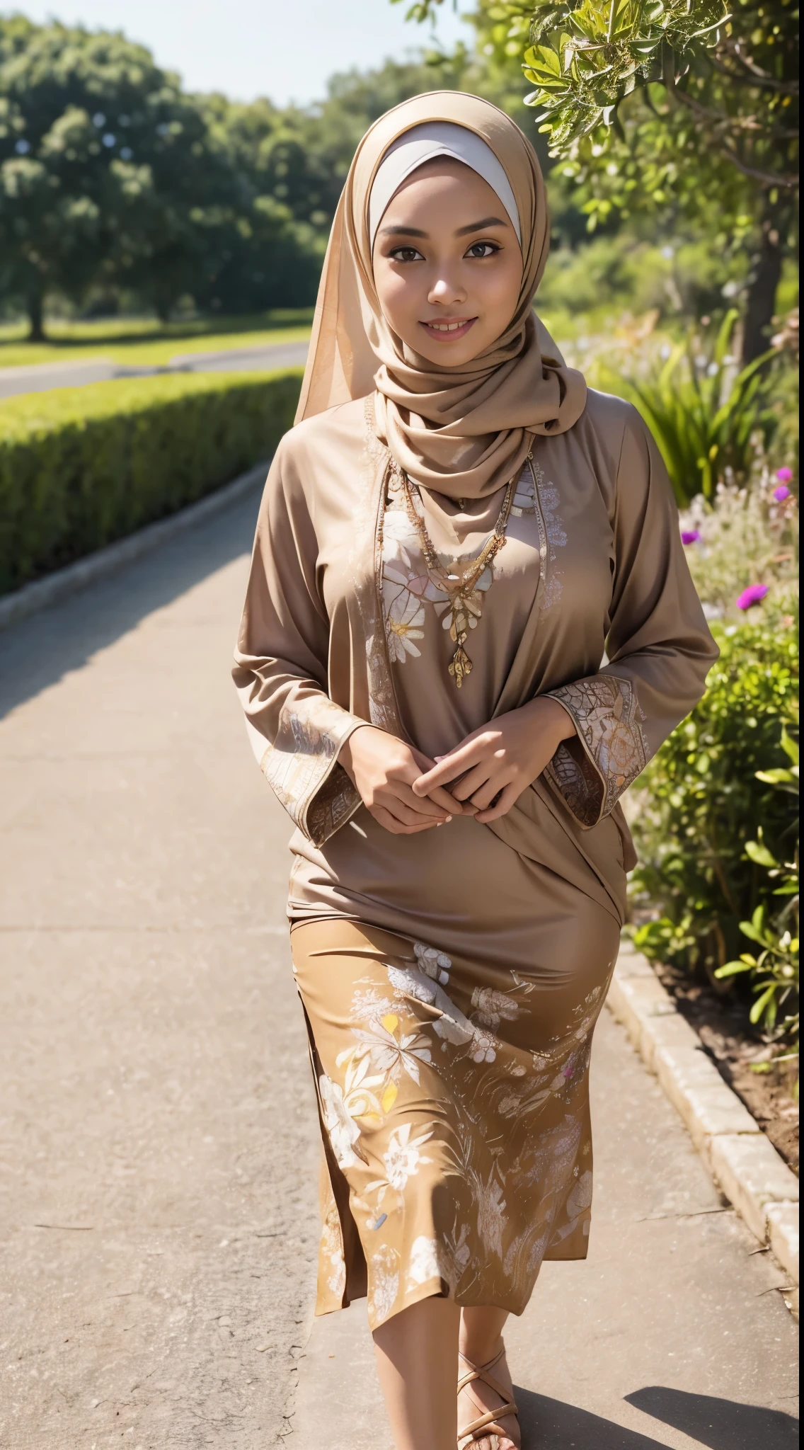 RAW, Best quality, high resolution, Masterpiece: 1.3), Beautiful Malay woman in hijab, Masterpiece, Perfect body, Beautiful big eyes, watery eyes, Soft smile, wet lips, big breast, ((wearing a tight light brown Malay shirt with floral motifs, batik, with a closed hijab)), a diamond necklace, ((closed clotheodest clothes)),((wearing wearing a long pliskit skirt that reaches her ankles light brown),((full body:1.2))smilling, windy, skin details, skin texture details, thick thighorning time, smiling, happy, bright sunlight,seashore,blurred background, bokeh, afternoon walk, garden plant, Excellent lighting, Bright colors, Clean lines