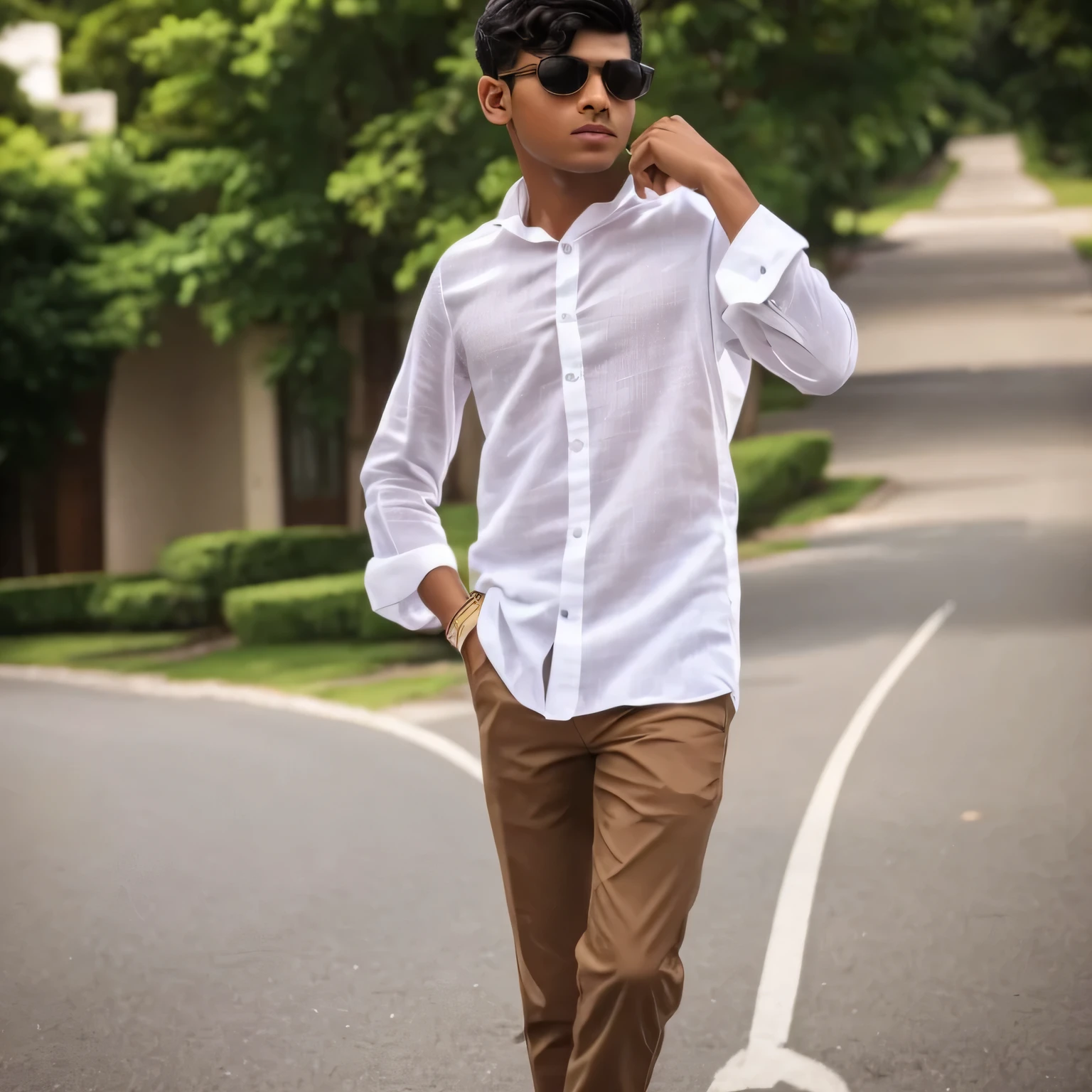 arafed photo of a boy wearing a crown and sunglasses, jayison devadas style, mohamed chahin style, with a cool pose, stylish pose, casual photography, modeling shoot, dressed with long fluent clothes, in style of lam manh, with lovely look, wearing a linen shirt, wear's beige shirt, wearing in shirt, wearing a light shirt