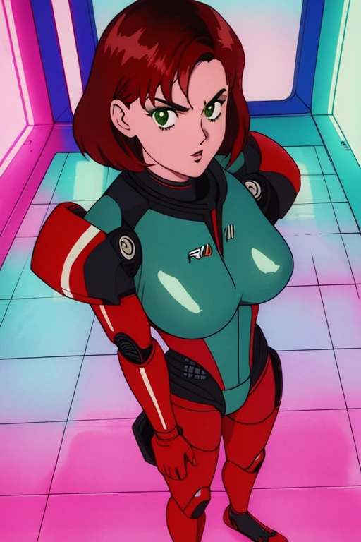 1990s \(style\), retro artstyle, 1990s anime cels style, best quality, high resolution, solo, indoors, retro anime, Jane, solo,short hair,red hair,green eyes, Shepard, black power armor, standing, upper body, N7, space pod, neon lights, (insanely detailed, beautiful detailed face, masterpiece, best quality), full body portrait