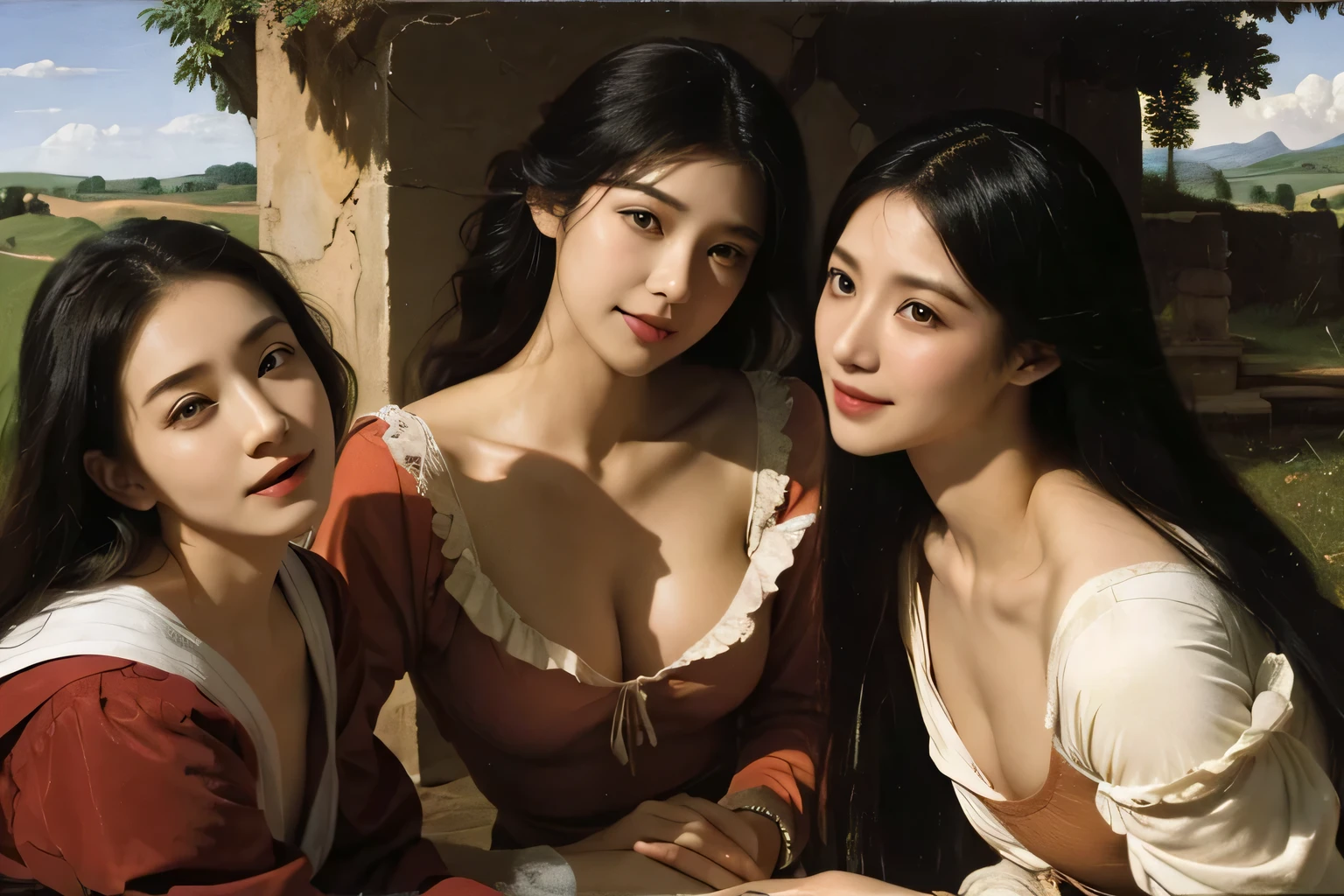 Female Scholar,Ancient Roman landscape in the style of Poussin,A smile,,Sweet and seductive appearance.、Caravaggio's paintings、Chiaroscuro of Caravaggio、Hair disheveled in the wind,Two women frolicking,Cute smile, Expression of ecstasy,A sexy,erotick