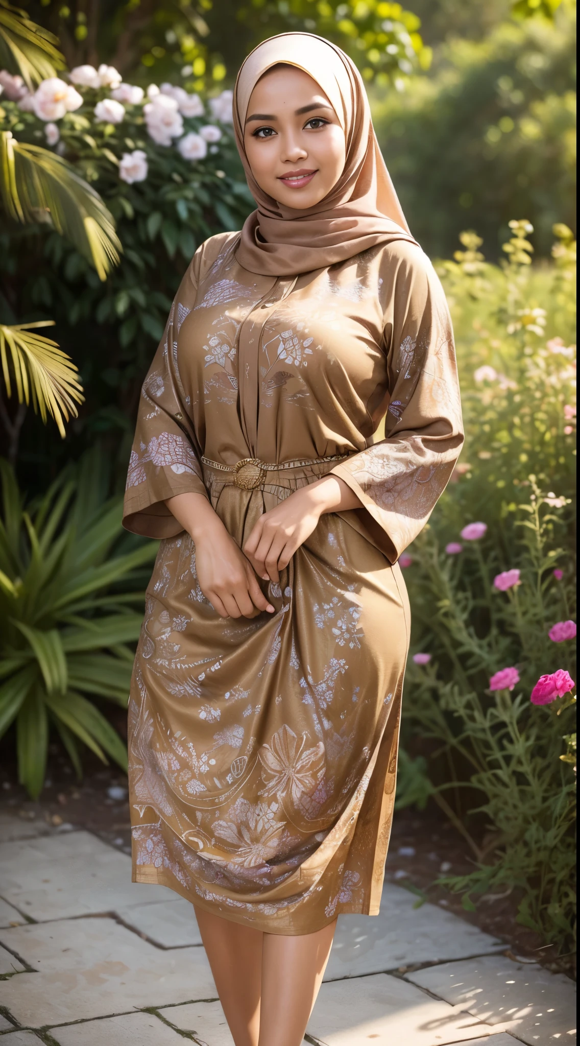 RAW, Best quality, high resolution, Masterpiece: 1.3), Beautiful Malay woman in hijab, Masterpiece, Perfect body, Beautiful big eyes, watery eyes, Soft smile, wet lips, big breast, ((wearing a tight light brown Malay shirt with floral motifs, batik, with a closed hijab)), a  diamond necklace, ((closed clotheodest clothes)),((wearing wearing a long pliskit skirt that reaches her ankles light brown),((full body:1.2))smilling, windy, skin details, skin texture details, thick thighorning time, smiling, happy, bright sunlight,seashore,blurred background, bokeh, afternoon walk, garden plant, Excellent lighting, Bright colors, Clean lines