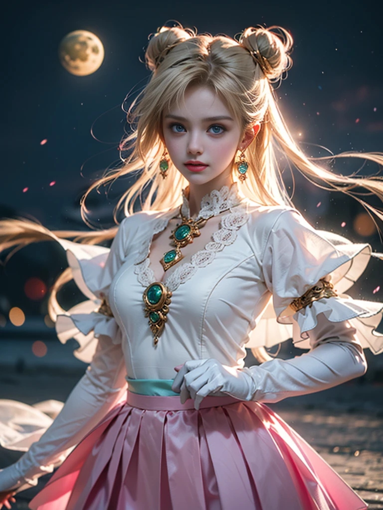 tmasterpiece，Highest image quality，super detailing，Best quality at best ,Extremely Delicately Beautiful, Very meticulous,Best quality at best, offcial art, extremely detaild的 CG unified 8k wallpapers, Ana de Armas portrait photo, 金发eBlue eyetremely detailed CG unity 8k wallpaper，tmasterpiece，Highest image quality)，(Delicate light and shadow，The picture has a dramatic lens effect)， （Mariner Moon：1.1），Enchanted smile，double tails， eBlue eyes，coiffed blonde hair， Skinny lace top，White gloves-skirt，dynamicposes)，The background is the universe(superior detail，The lighting effect is outstanding，Vista wide angle)，(Excellent rendering，Enough to stand out from the crowd)，Sexy big breasts，Dreamcatcher earrings，The sexiest look，Beautiful floral print silk garments，The most beautiful woman in the world，（Obscenity exposed，Camel toes，），（各种颜色的Dreamcatcher earrings，white colors，in pink，purpleish color，red colour，blue colors，orange colors，green color，cyan colors，），