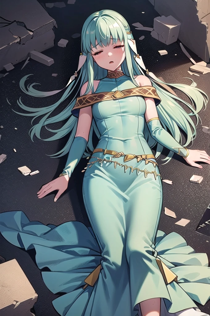 Ninian is lovingly languid in active castle battle after losing and breathing her last from a tough battle, lieing lifeless and inert on debris, rubble, and smoke surrounds her. Her tea-length dress has brown dust and black bruises on it; Ninian takes slow and painful breaths and her blue and gold open-toe stilletos lie beside her. She cannot move from her prone position lieing on her back, unable to open her eyes or breath. (Ninian), (blue hair, blue eyes, small shapely breast, long hair, clammy and dirty face), (Dress), (long tea-length blue drenched dress, bare shoulders, more small jewlery, brown dust and black marks on dress, languid in a dark grey murky castle battle, anguished facial expression, closed eyes, open mouth, shallow labored painful breaths) (anguished closed eyes:1), (Ninian languid, prone on her back, defeated in rubble, heavy smoke, and metal shards around her:1.5), Ninian is listless and motionless in a dark grey smokey castle:1.0, Ninian is sullied and dirty:1.2, (Ninian lieing in debris and broken metal pieces:1.0), inside has rubble and many pieces of broken spears, blades, and shields around Ninian, two blue and gold open-toe stilletoes around her (4K quality, high quality, 4k quality Ninian and dress:1.0), (solo, one person, 1girl:1.5), ninian fe, red eyes, long dress, jewelry, dancer