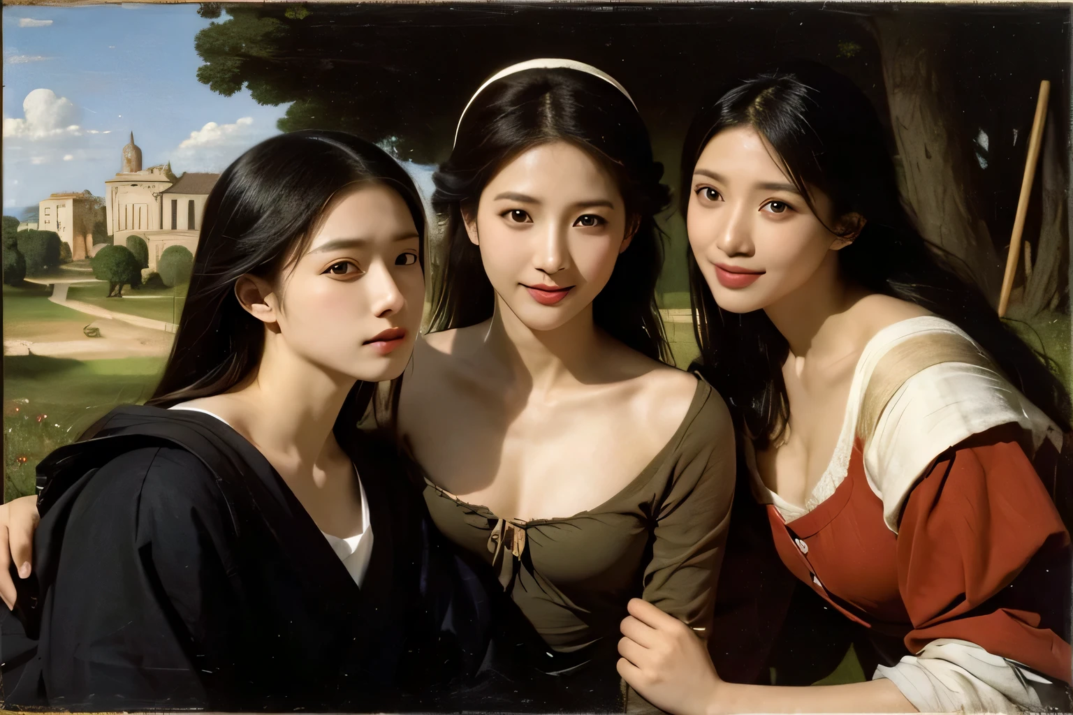 Ancient Roman ruins,Poussin-style landscape,A smile,,Sweet and seductive appearance.、Caravaggio's paintings、Chiaroscuro of Caravaggio、Hair disheveled in the wind,Two women frolicking,Cute smile, Expression of ecstasy,A sexy,Erotic