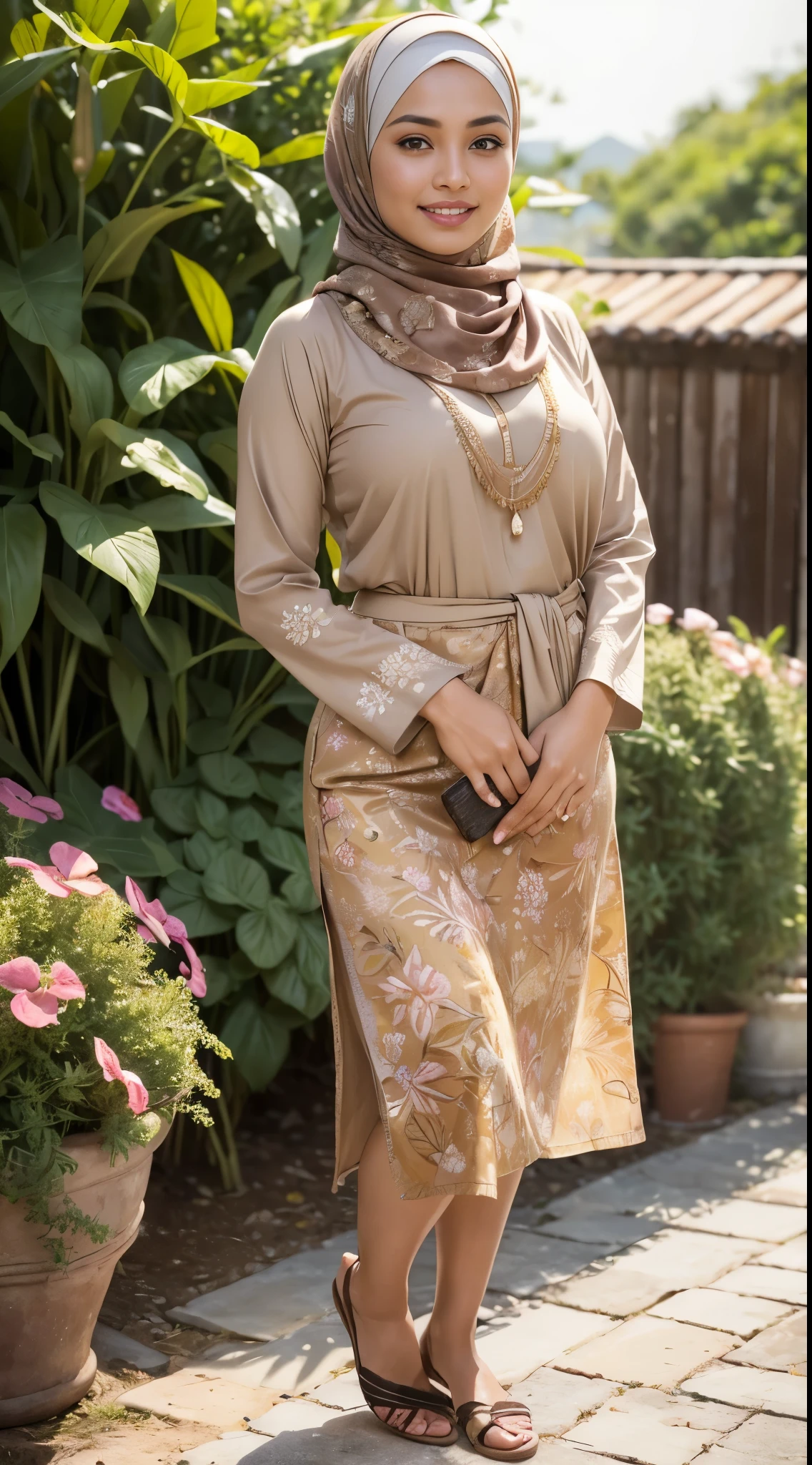 RAW, Best quality, high resolution, Masterpiece: 1.3), Beautiful Malay woman in hijab, Masterpiece, Perfect body, Beautiful big eyes, watery eyes, Soft smile, wet lips, big breast, ((wearing a tight light brown Malay shirt with floral motifs, batik, with a closed hijab)), a diamond necklace, ((closed clotheodest clothes)),((wearing wearing a long pliskit skirt that reaches her ankles light brown),((full body:1.2))smilling, windy, skin details, skin texture details, thick thighorning time, smiling, happy, bright sunlight,seashore,blurred background, bokeh, afternoon walk, garden plant, Excellent lighting, Bright colors, Clean lines