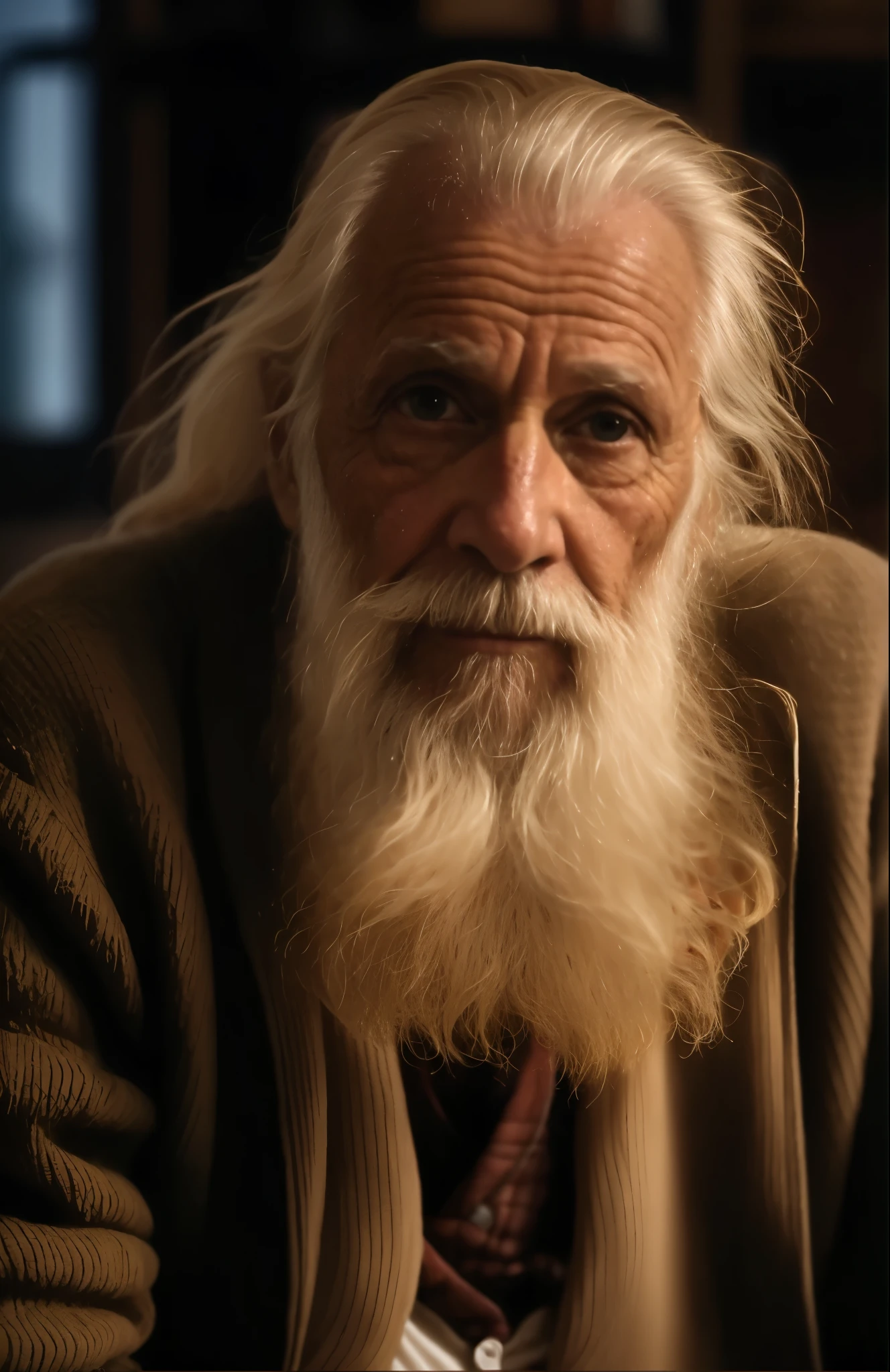 um close up de um homem com uma longa barba e uma camisola, longos cabelos brancos e barba branca, barba e cabelo brancos muito longos, longos cabelos brancos e barba, barba e cabelo brancos arrumados, ele tem barba e cabelos grisalhos, um velho, old man, cabelos brancos e barba branca, Wise old man, um homem de 80 anos make his face with little smile