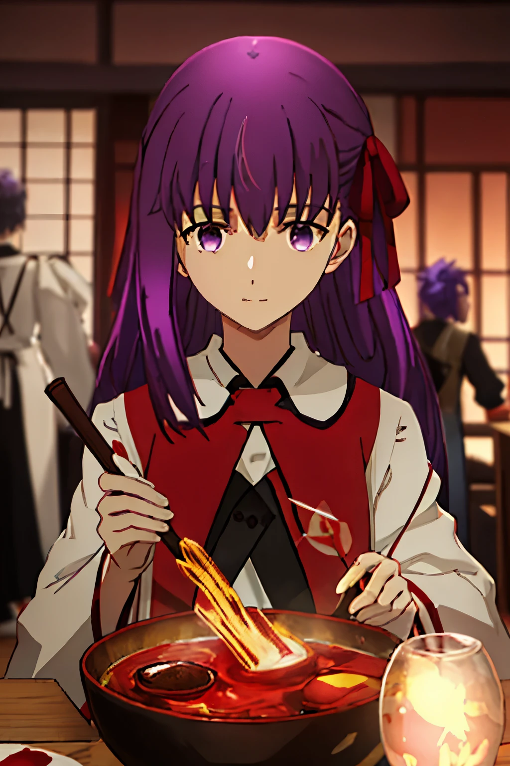 best quality, master part, Altas, sozinho, {Yukata:1.40}, {quimono:1.20}, {Matou_Sakura_fatestaynightufotable:1.15}, Purple_Hair, Longas_Hair, fita, Hair_fita, Purple_olho, vermelho_fita