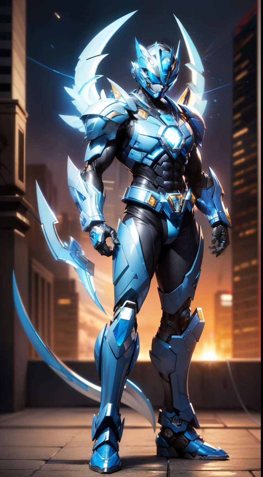 Handsome man, made of blue metal, (Blue Cyborg: 1.1), (((Blue Power Ranger's style helmet with chrome face plate))), ([Tail | Detail Wire]: 1.3), (Complex Detail), HDR, (Complex Detail, Ultra Detail: 1.2), Cinematic Shot, Masterpiece, Best Quality, High Resolution, Centering, cyber wings, standing, full body, city, night