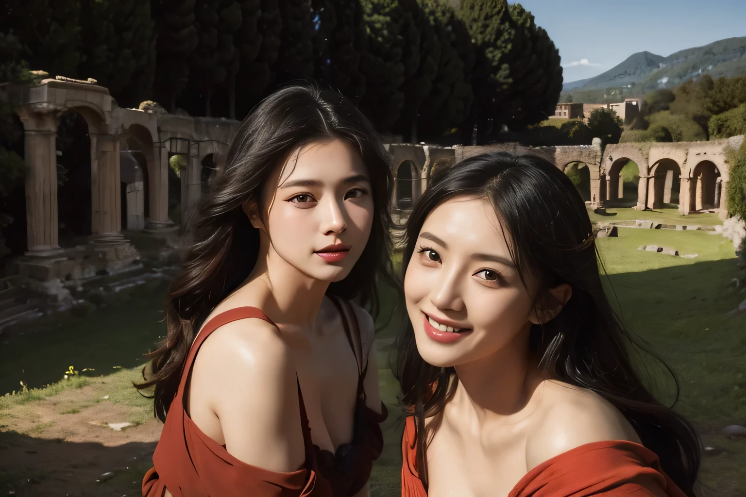 Ancient Roman ruins,Poussin-style landscape,A smile,,Sweet and seductive appearance.、Caravaggio's paintings、Chiaroscuro of Caravaggio、Hair disheveled in the wind,Two women frolicking,Cute smile, Expression of ecstasy,A sexy,erotick