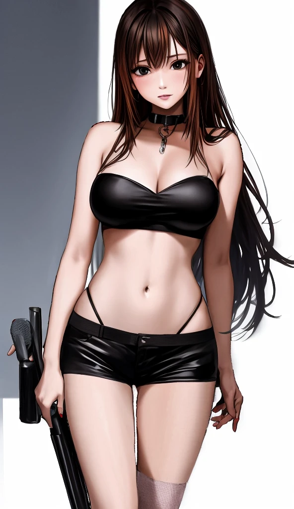 A beautiful adult woman with shoulder-length hair, big breasts, and beautiful legs is standing blushing in a black tube top that exposes her navel and black hot pants.。