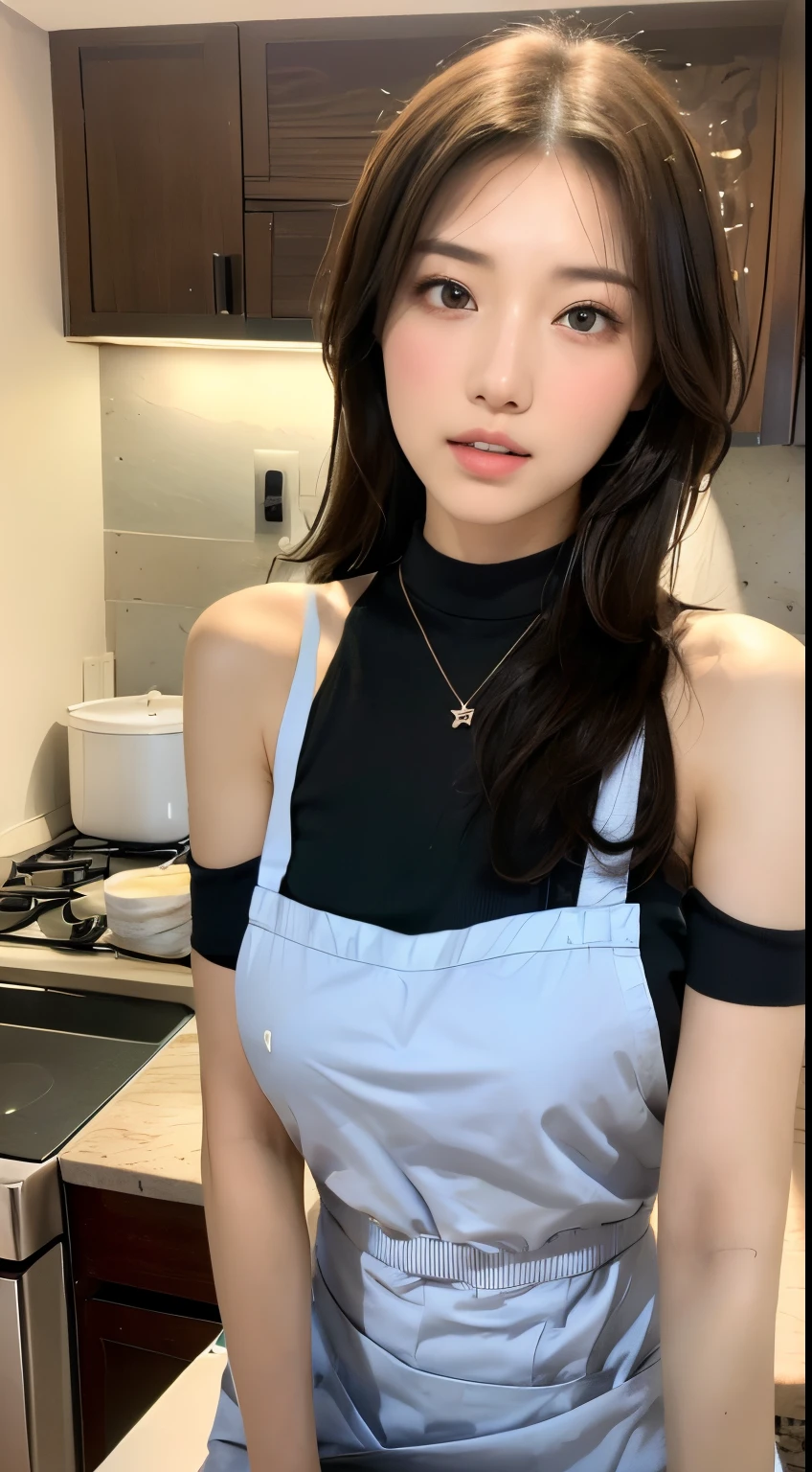 (Best quality, 8k, masterpiece: 1.3), a beautiful woman with perfect figure: 1.4, dark brown hair, wearing a pendant, wearing an apron, in the kitchen, highly detailed face and skin, detailed eyes, double eyelids, big breasts