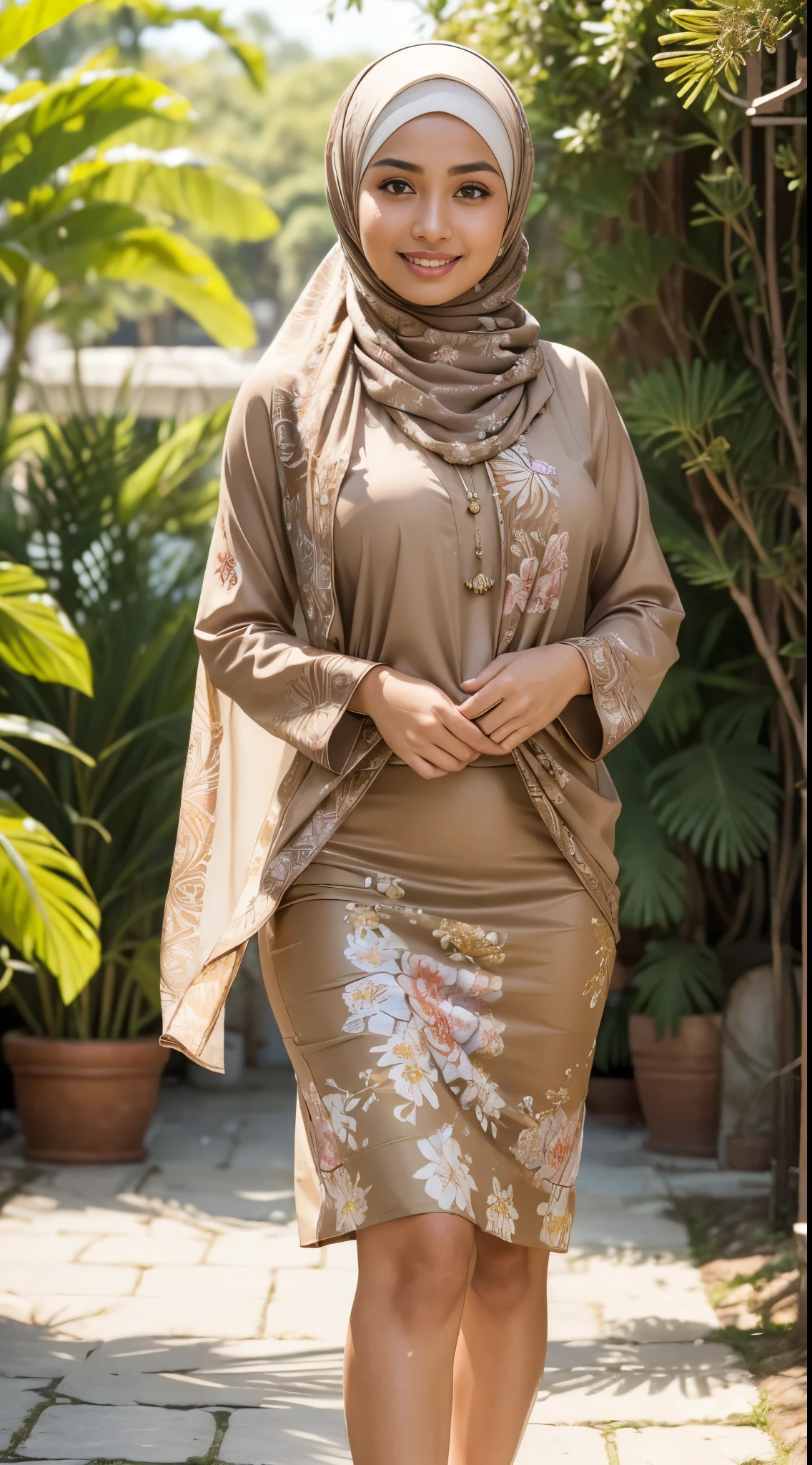RAW, Best quality, high resolution, Masterpiece: 1.3), Beautiful Malay woman in hijab, Masterpiece, Perfect body, Beautiful big eyes, watery eyes, Soft smile, wet lips, big breast, ((wearing a tight light brown Malay shirt with floral motifs, batik, with a closed hijab)), a diamond necklace, ((closed clotheodest clothes)),((wearing wearing a long pliskit skirt that reaches her ankles light brown),((full body:1.2))smilling, windy, skin details, skin texture details, thick thighorning time, smiling, happy, bright sunlight,seashore,blurred background, bokeh, afternoon walk, garden plant, Excellent lighting, Bright colors, Clean lines