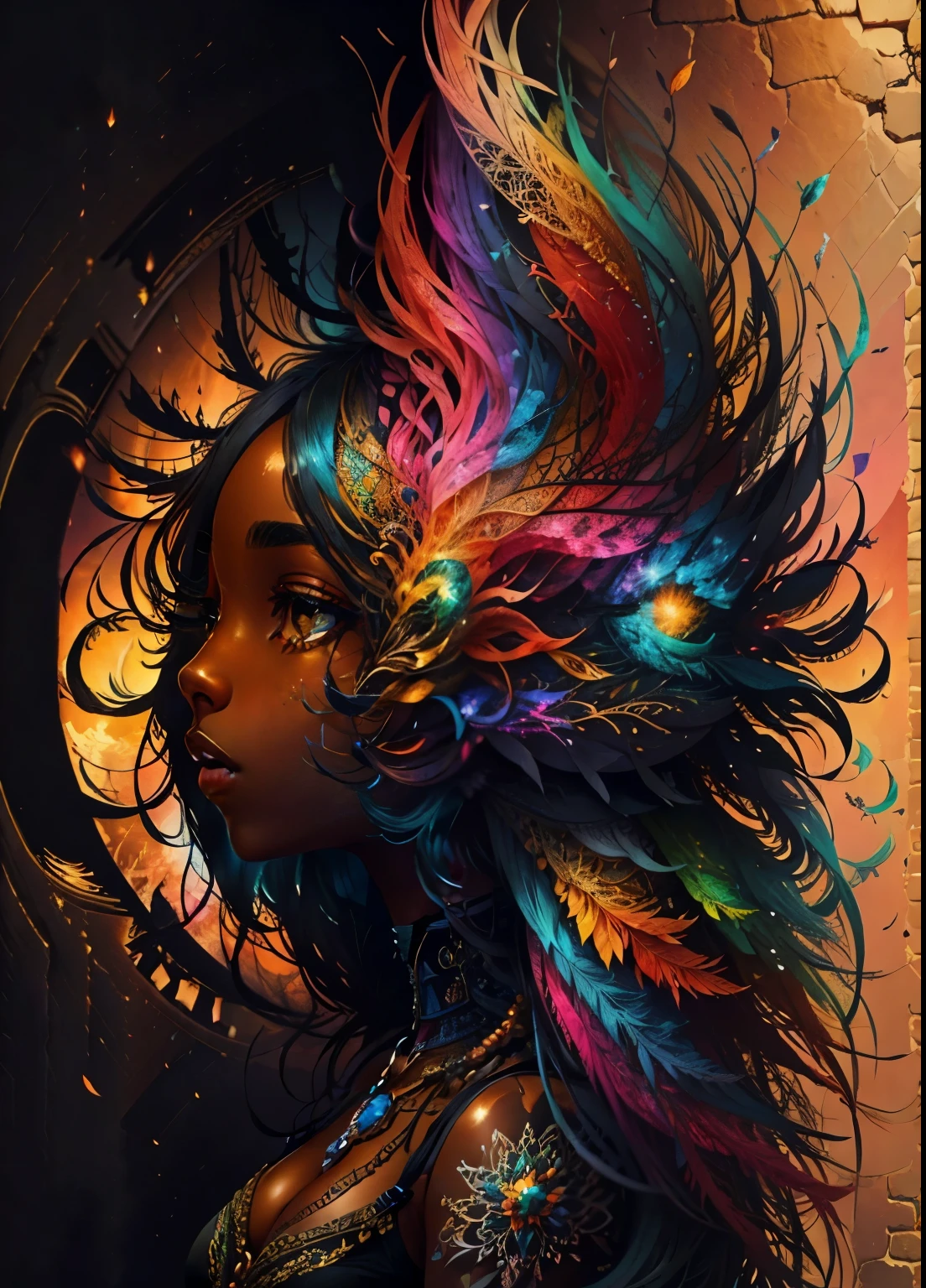 colorhalf00d,, top-down view of a gabrielle uniyon, black woman, feathers, acceptance vibrant, beautiful, intricate, detailed