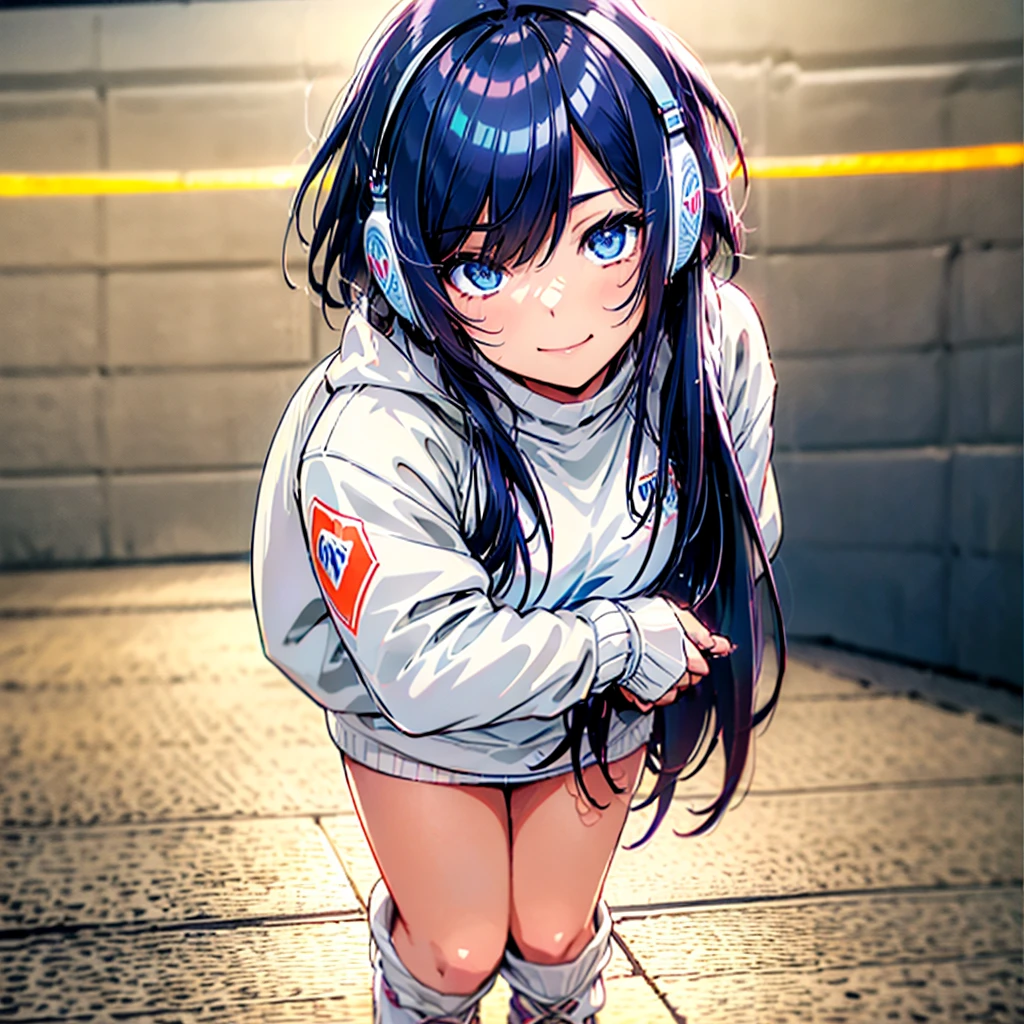 (Best Quality, 8K, hight resolution, masutepiece:1.2, Ultra-detailed, Realistic:1.37, girl, playing instrument, Surreal, oversized hoodie, headphones, Street style, Hands in pockets, one girls[(Dark blue hair、Amber eyes、a short bob、masutepiece、超A high resolution、Cute smile、Detailed limb depiction、Accurate depiction of limbs、Accurate finger depiction、Beautiful body line、beauty legs、Depiction of a beautiful fluorescent large-sized blouson、White High Neck Sweater、Plaid miniskirt、White muffler、White sneakers in large size、)Enlarged portrait of a person、A sexy、Open both legs、dye one's cheeks red、Panchira、] Neon color background、 beautiful night scene、 without background、