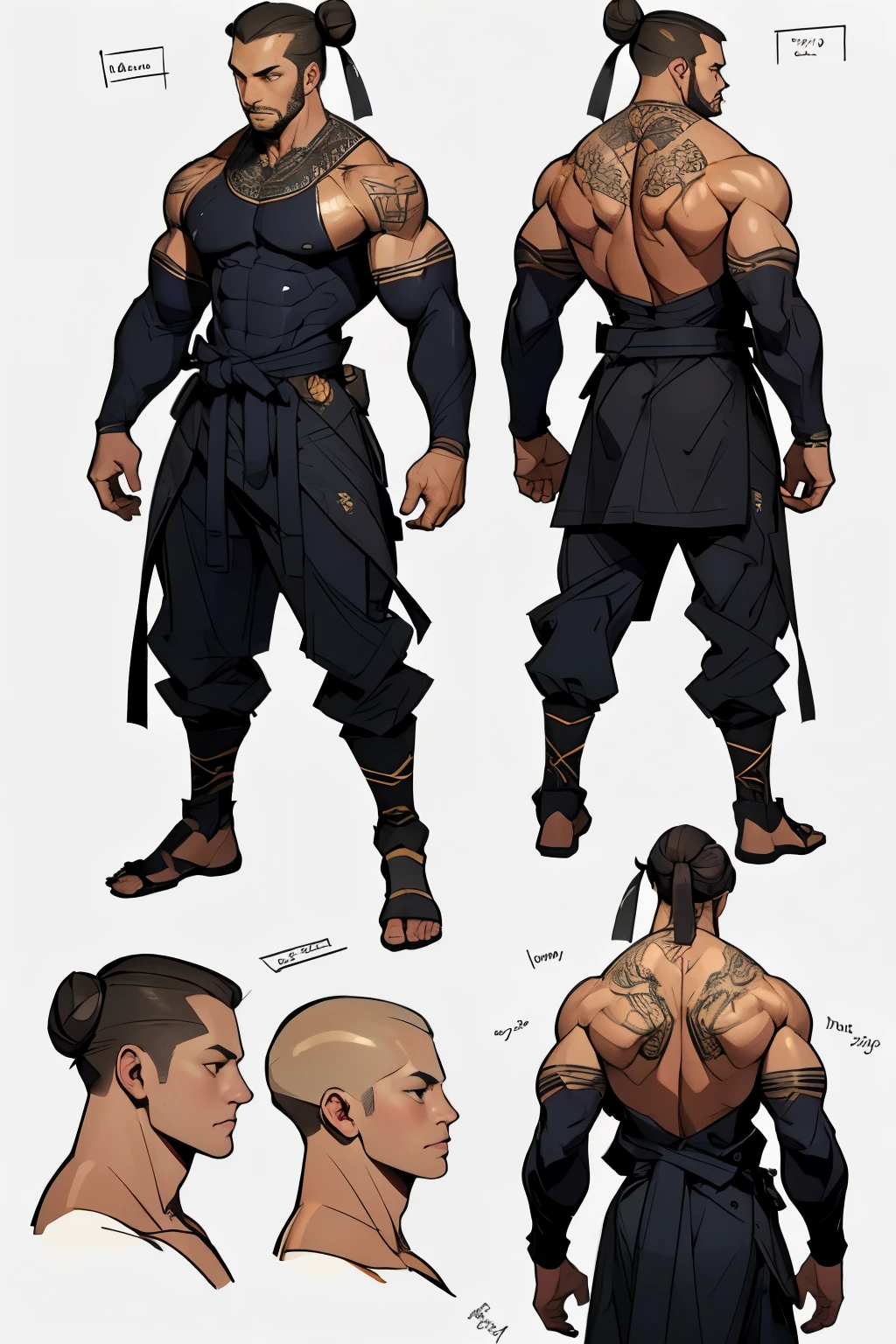 (realistic:1.3), insane detailed, quality, (masterpiece:1.2), (photorealistic:1.2), (best quality), (detailed skin:1.3), (intricate details), ray tracing, ((1male)), 40 years old, long bun hair, muscular, thai outfit, (blurred background), character design sheet,full bodyesbian, Full of details, body front view, body back view, Full body, ((Masterpiece, Highest quality)), Detailed face, character design sheet, full bodyesbian, Full of details, frontal body view, back body view, Highly detailed, Depth