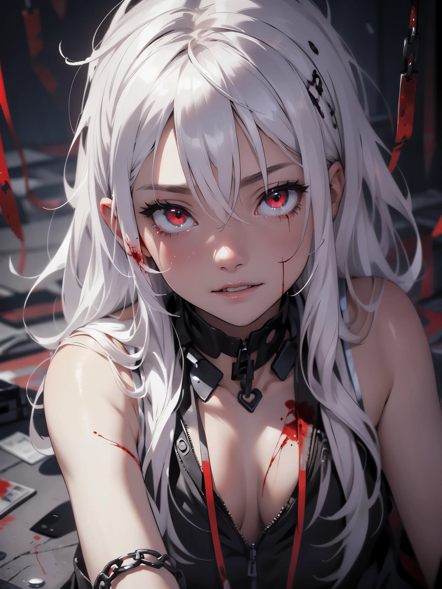 masutepiece, Best Quality, 1 girl, Supine, Lying face down on the floor, pale skin, messy white hair, (Red Eyes:1.2), (Glowing eyes:1.2), creepy, creepy smile, crazy expression, (Blood on face:1.2), (Blood on clothes:1.2), Naked, creepy, Scary, Blood, Horror, light Particle, Night, iron bracelets with chains
