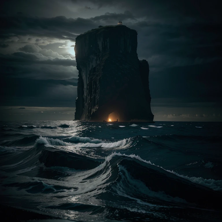 Prompt In the ominous darkness of the night, the sea presents a terrifying spectacle, with numerous people desperately struggling to stay afloat amid the treacherous waves, fighting for survival. The inky hue of the sea adds an eerie and foreboding ambiance, while a colossal rock stands starkly in the foreground, a formidable symbol of both danger and potential refuge.