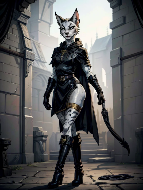 no background, background clean, standing character full body ((solo)), khajiit female beautiful adult, big ears lynx, tail panther, perfect slim body, beautiful charming cute face, pretty detail eyes, beautiful detailed lips, extremely detailed eyes and face, black boots, black gloves, black medieval cloak, spotted white-like skin color, skin color-black