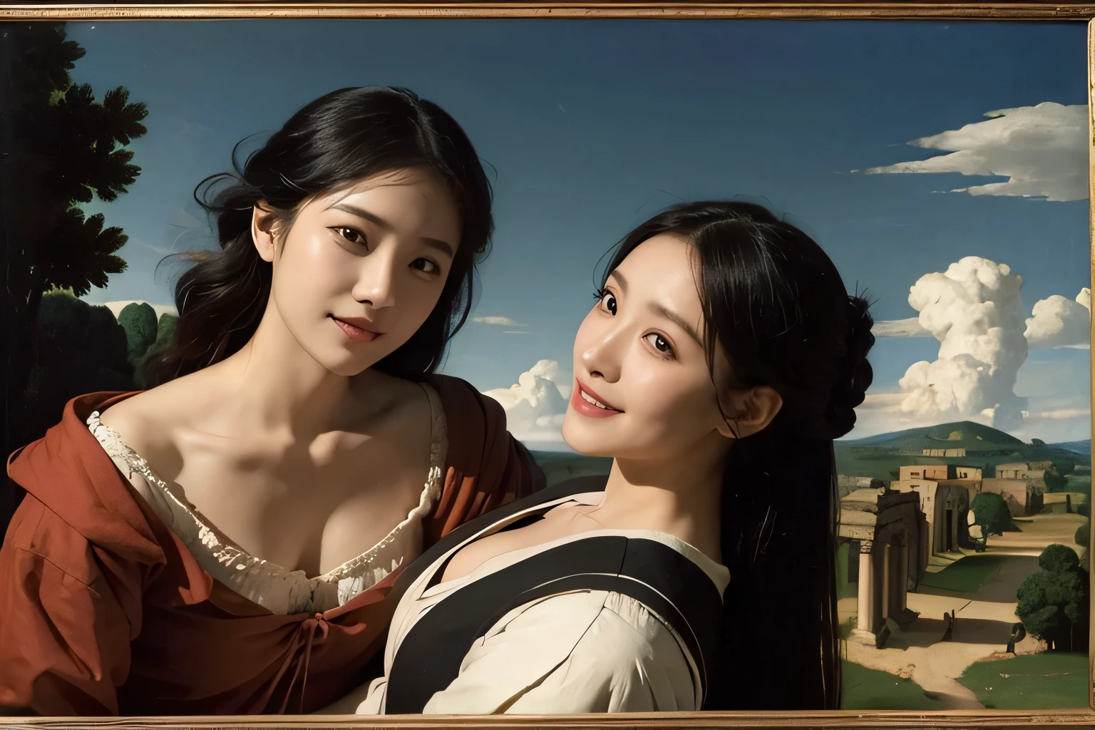 concert,Ancient Roman landscape in the style of Poussin,A smile,,Sweet and seductive appearance.、Caravaggio's paintings、Chiaroscuro of Caravaggio、Hair disheveled in the wind,Two women frolicking,Cute smile, Expression of ecstasy,A sexy,erotick