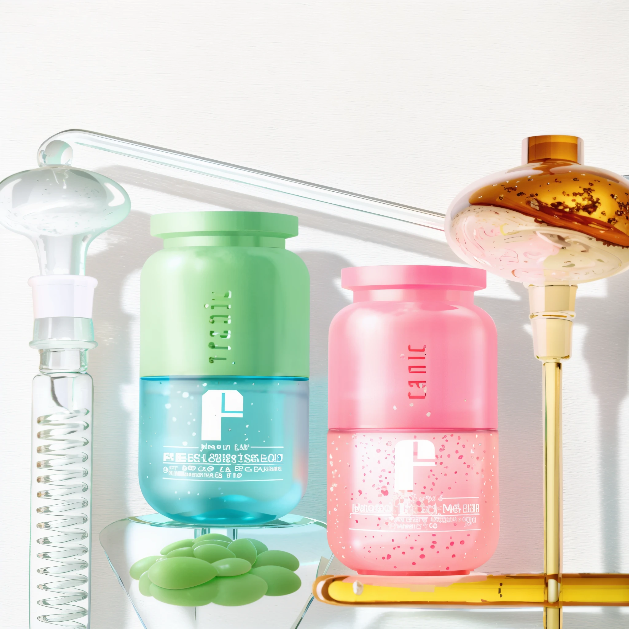 2 vibrant vials posing together, Next to it are some glassware,There is liquid in the vessel,Green plants in glassware,Can clearly see water droplets, water bottle, skin care, product introduction photos, skin care品牌风格, F 2. 0,, fotografia do produto, unframed