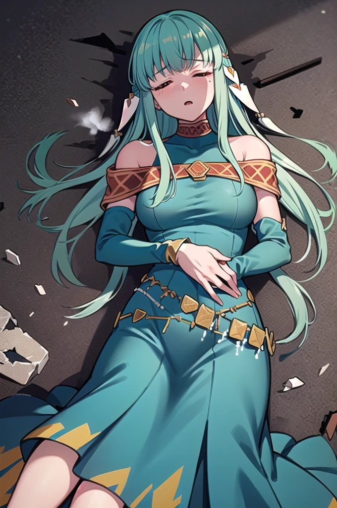 Ninian is lovingly languid in active castle battle after losing a tough battle, lieing lifeless and inert on debris, rubble, and smoke surrounds her. Her tea-length dress has brown dust and black bruises on it; Ninian takes slow and painful breaths and her blue and gold open-toe stilletos lie beside her. She cannot move from her prone position lieing on her back, unable to open her eyes or breath. (Ninian), (blue hair, blue eyes, small shapely breast, long hair, clammy and dirty face), (Dress), (long tea-length blue drenched dress, bare shoulders, more small jewlery, brown dust and black marks on dress, languid in a dark grey murky castle battle, anguished facial expression, closed eyes, open mouth, shallow labored painful breaths) (anguished closed eyes:1), (Ninian languid, prone on her back, defeated in rubble, heavy smoke, and metal shards around her:1.5), Ninian is listless and motionless in a dark grey smokey castle:1.0, Ninian is sullied and dirty:1.2, (Ninian lieing in debris and broken metal pieces:1.0), inside has rubble and dust and scraps of metal, two blue and gold open-toe stilletoes around her (4K quality, high quality, 4k quality Ninian and dress:1.0), (solo, one person, 1girl:1.5), ninian fe, red eyes, long dress, jewelry, dancer