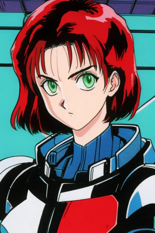 1990s \(style\), retro artstyle, 1990s manga cels style, best quality, high resolution, solo, indoors, retro anime, Jane, solo,short hair,red hair,green eyes, Shepard, black power armor, standing, upper body, N7, space pod, neon lights, (insanely detailed, beautiful detailed face, masterpiece, best quality), full body portrait