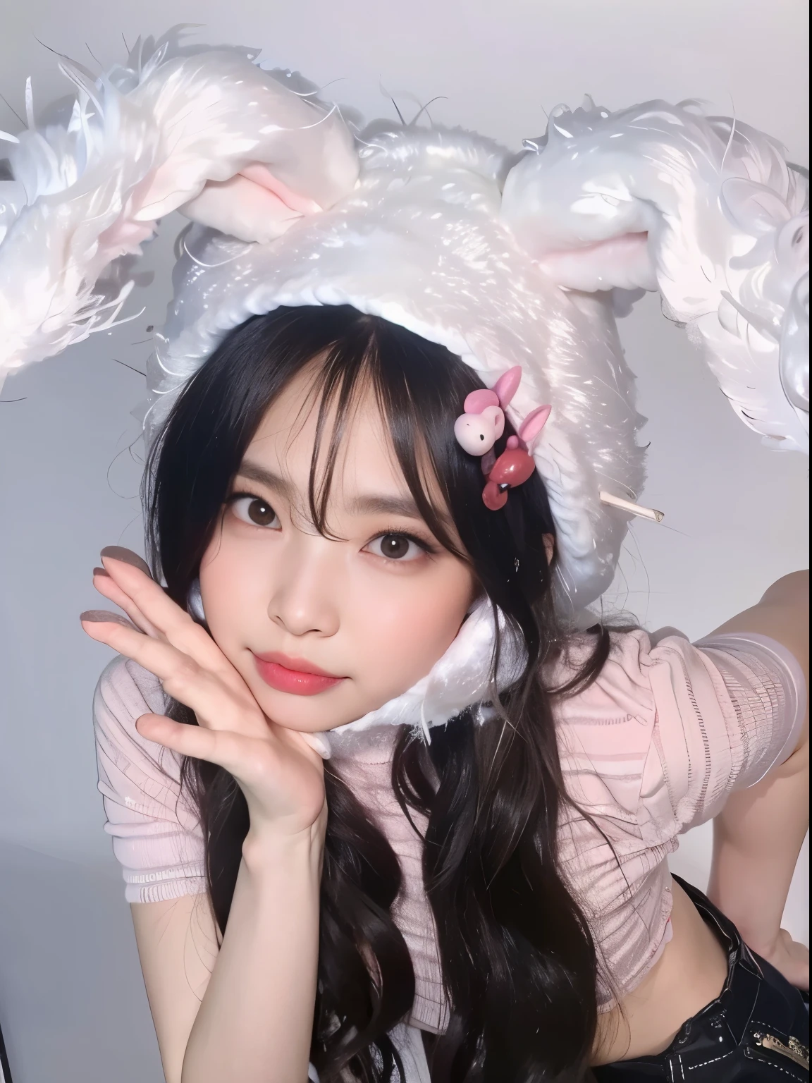 Araffe menina com longos cabelos pretos usando orelhas de coelho e uma camisa rosa, com orelhas de coelho, with long floppy rabbit ears, com orelhas de coelho grandes, com orelhas de coelho, ultrarealistic sweet coelhinho menina, Shikami, Sakimichan, Ulzzang, vestindo uma fantasia de coelho rosa, coelhinho menina, dilraba dilmurat