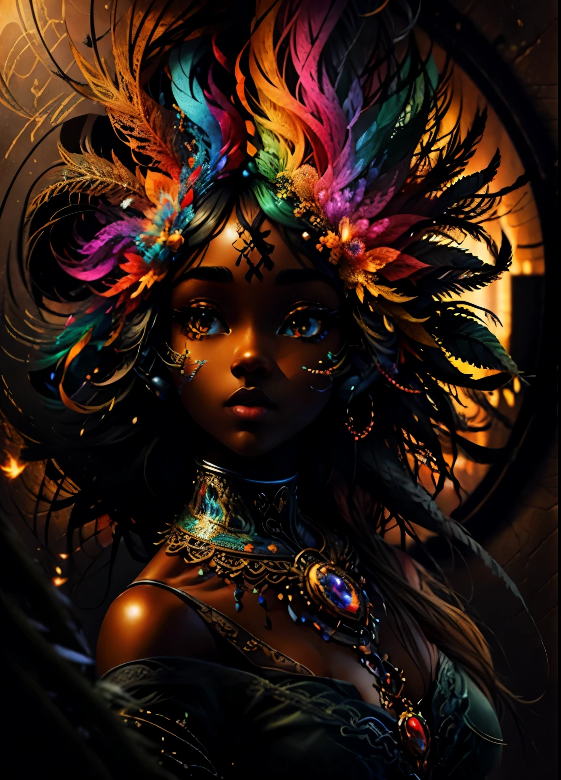 colorhalf00d,, top-down view of a gabrielle uniyon, black woman, feathers, acceptance vibrant, beautiful, intricate, detailed