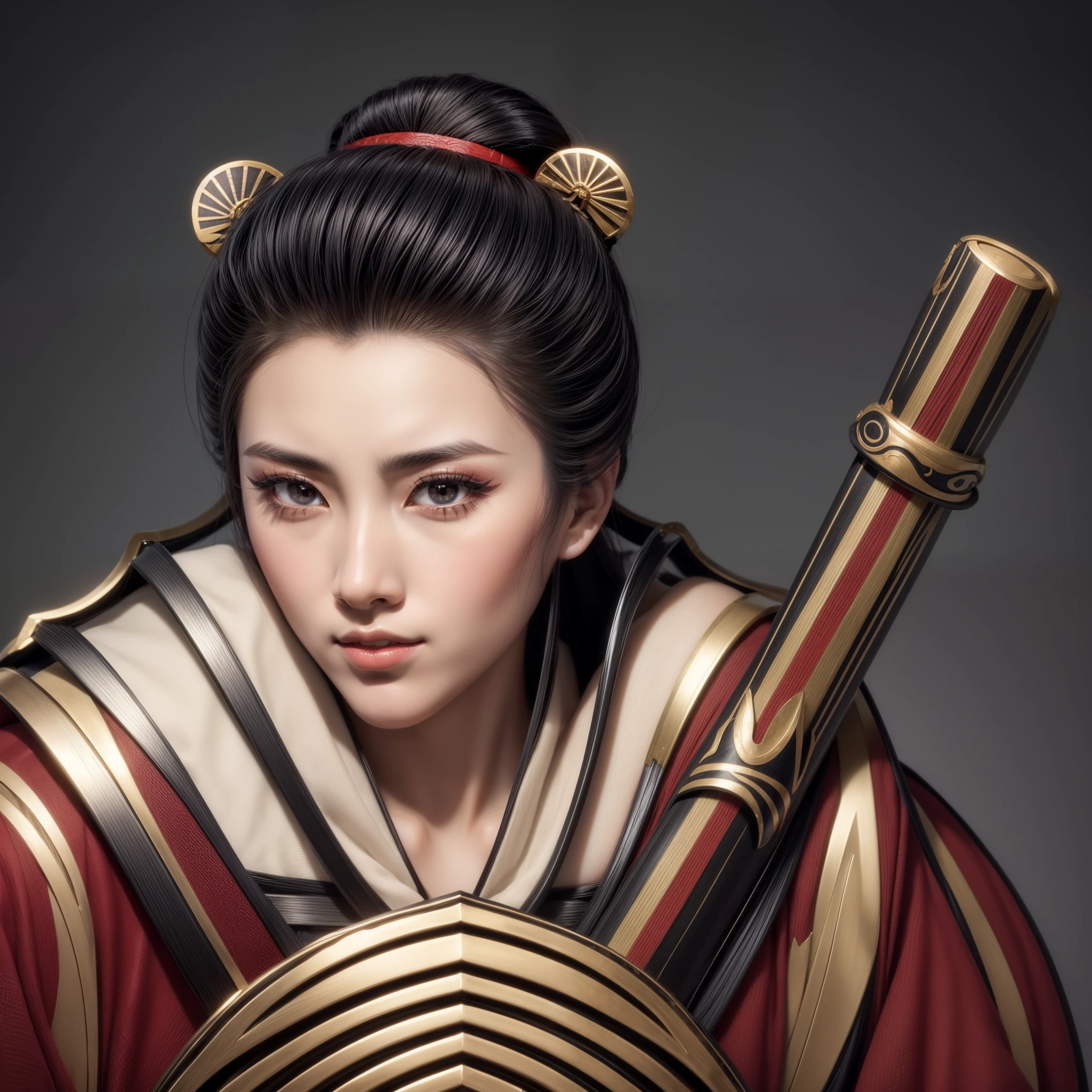 A beautiful warrior geisha, beautiful, stunning, attractive, sensual, with black hair, with a bun in her hair, with full lips, with pale silky skin, with beautiful eyes, wearing a stylized kimono, holding a shield, and holding a bayonet, and in the background feudal Japan, beautiful hyperrealistic geisha, geisha from the ages of photorealistic ancient Japan, a geisha from the ancient empire of Japan with intricate details, beautiful geisha from the battlefield.
