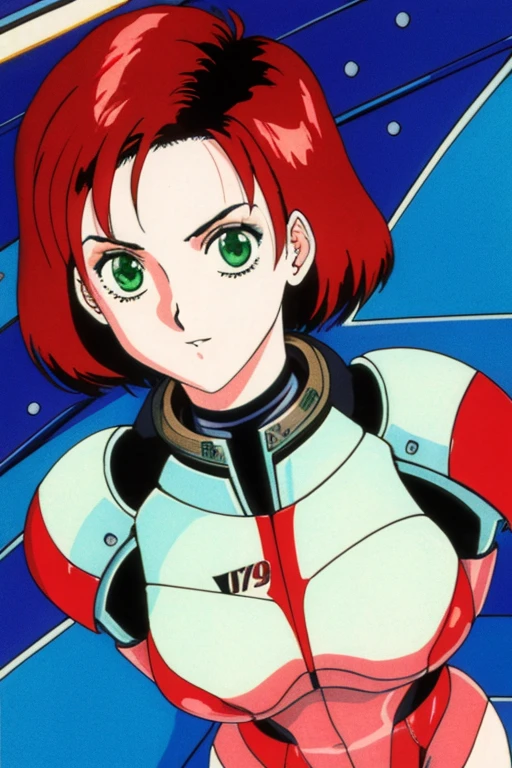 1990s \(style\), retro artstyle, 1990s anime cels style, best quality, high resolution, solo, indoors, retro anime, Jane, solo,short hair,red hair,green eyes, Shepard, black power armor, standing, upper body, N7, space pod, neon lights, (insanely detailed, beautiful detailed face, masterpiece, best quality), full body portrait