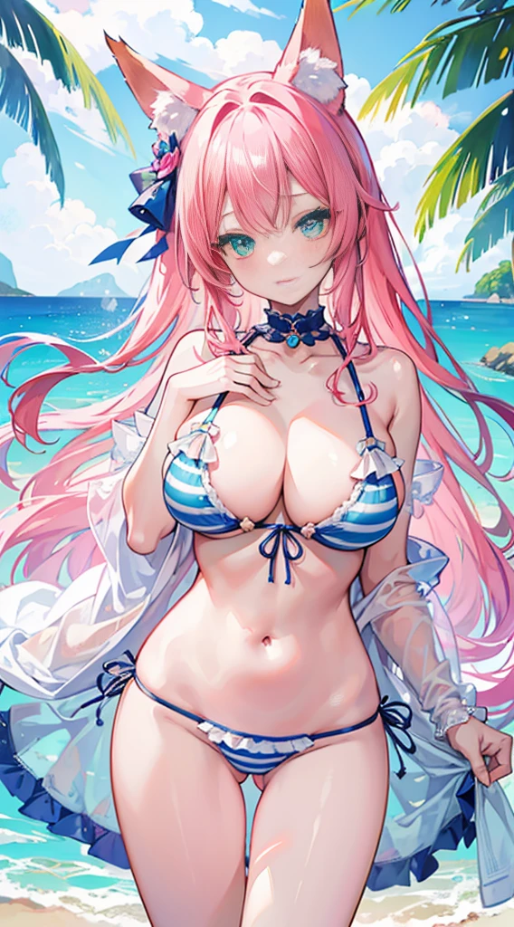 High quality, masterpiece, ultra-detailed, highly detailed outfit, choker, frilly blue striped bikini, 1girl, solo, peaceful expression, long pink hair, fox ears, enchanting green eyes, ridiculously large breasts, shiny skin, beach