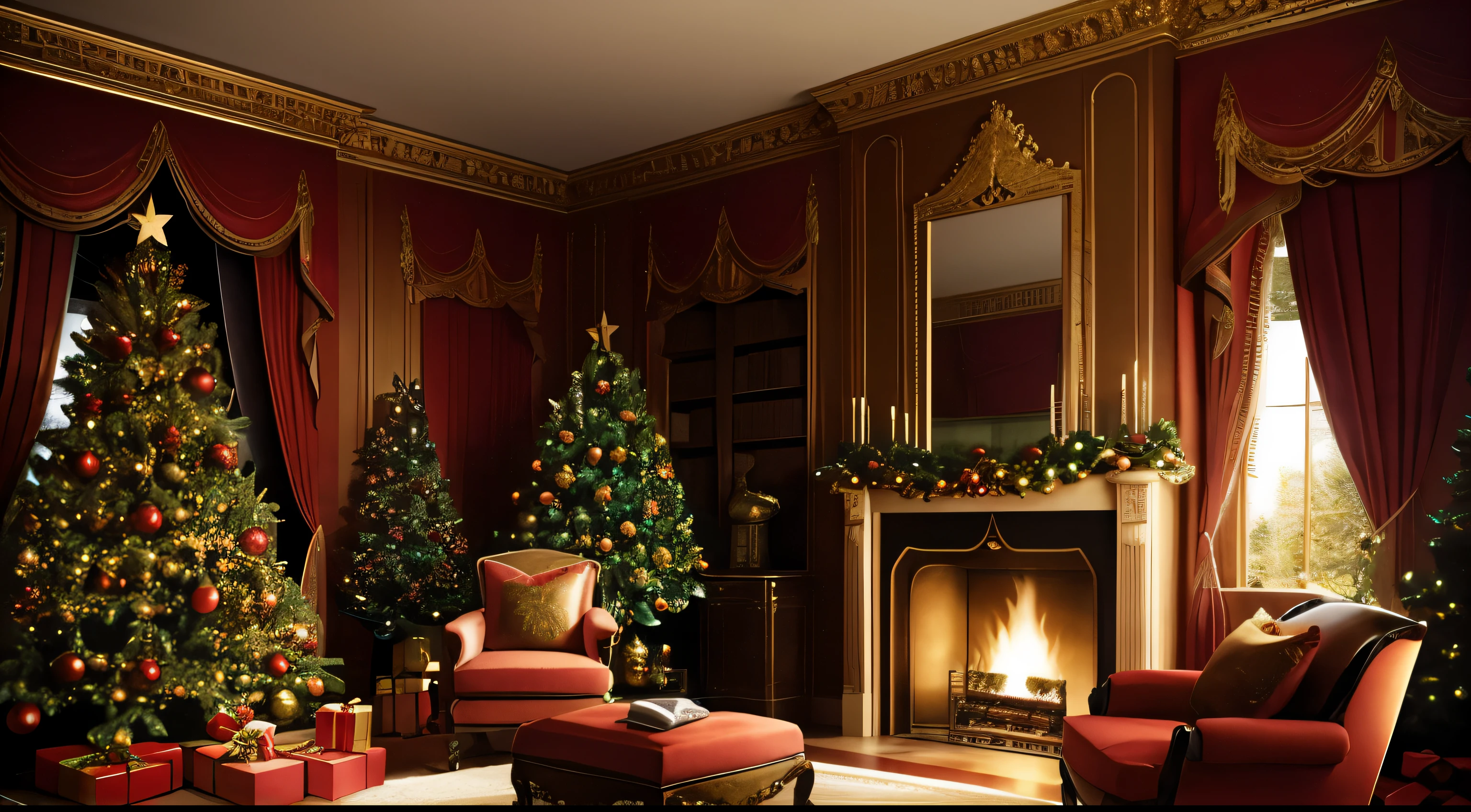 Fader has a Christmas tree and a fireplace'sobu, Decorative style华丽, 令人惊叹的tmasterpiece, 皇家Decorative style, 艺术tmasterpiece, Decorative style, author:François Gee, elegant and ornate, tmasterpiece, baroque library, in the magnificent library, Castle Library, Decorative style精美, inspired by Ernest William Christmas, rococo Decorative styles