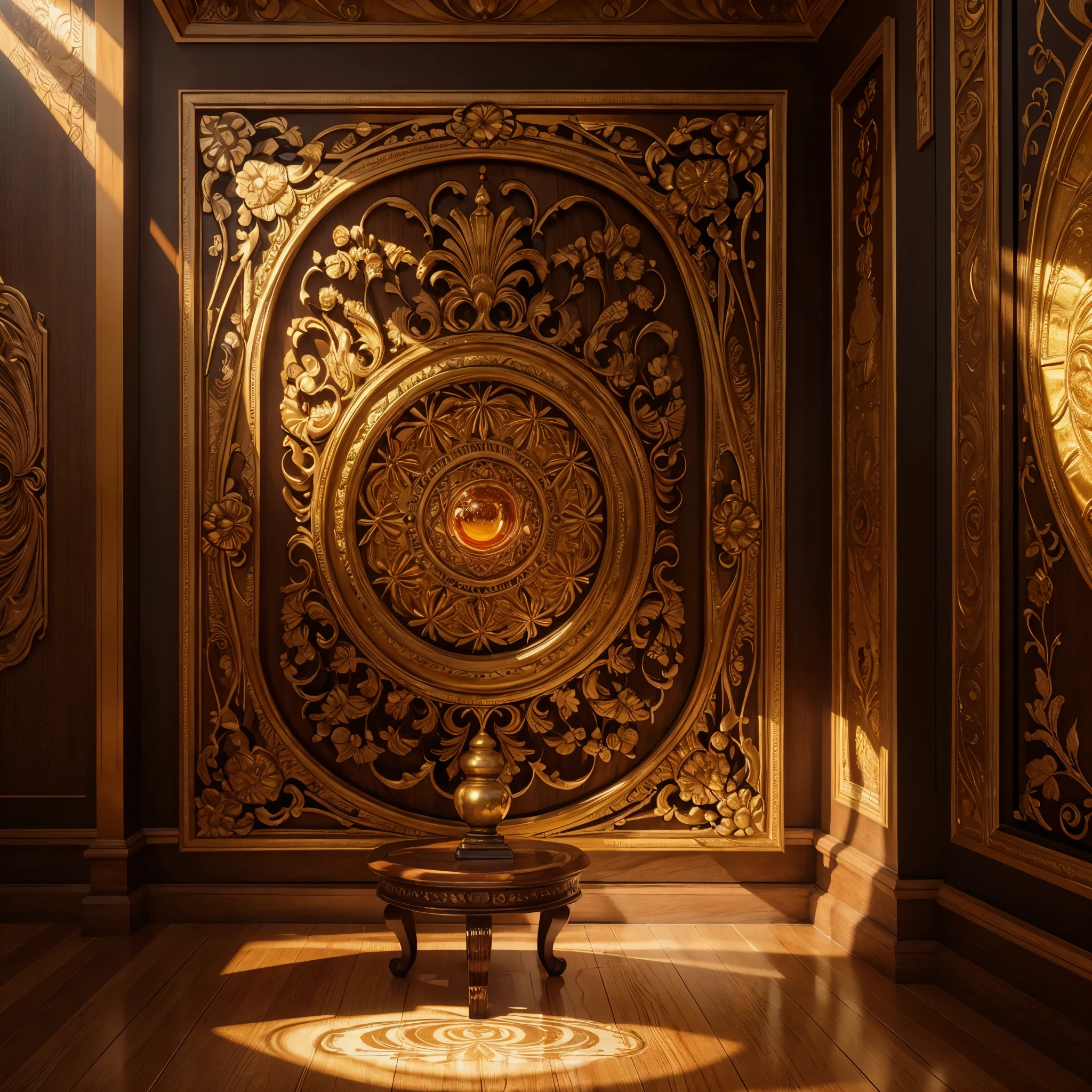 A stunningly vibrant illustration adorns the frame, gracefully mounted on a wall in an elegantly designed room. The image is a mesmerizing blend of emptiness and artistry, expertly crafted with a combination of vector graphics and light accents. At the center, an exquisitely detailed egg captures attention, its flawless surface reflecting the soft glow of the surrounding ambiance. The skillfully executed 3D rendering provides a lifelike appearance, creating a visual feast for the eyes. Vibrant shades of orange penetrate the image, symbolizing warmth and energy. In the interior of the egg, an intricately painted picture emerges, depicting a radiant sun casting golden rays over a gallery of meticulously carved wooden sculptures. This impeccable illustration showcases the artist's mastery and invites viewers to immerse themselves in its captivating beauty.