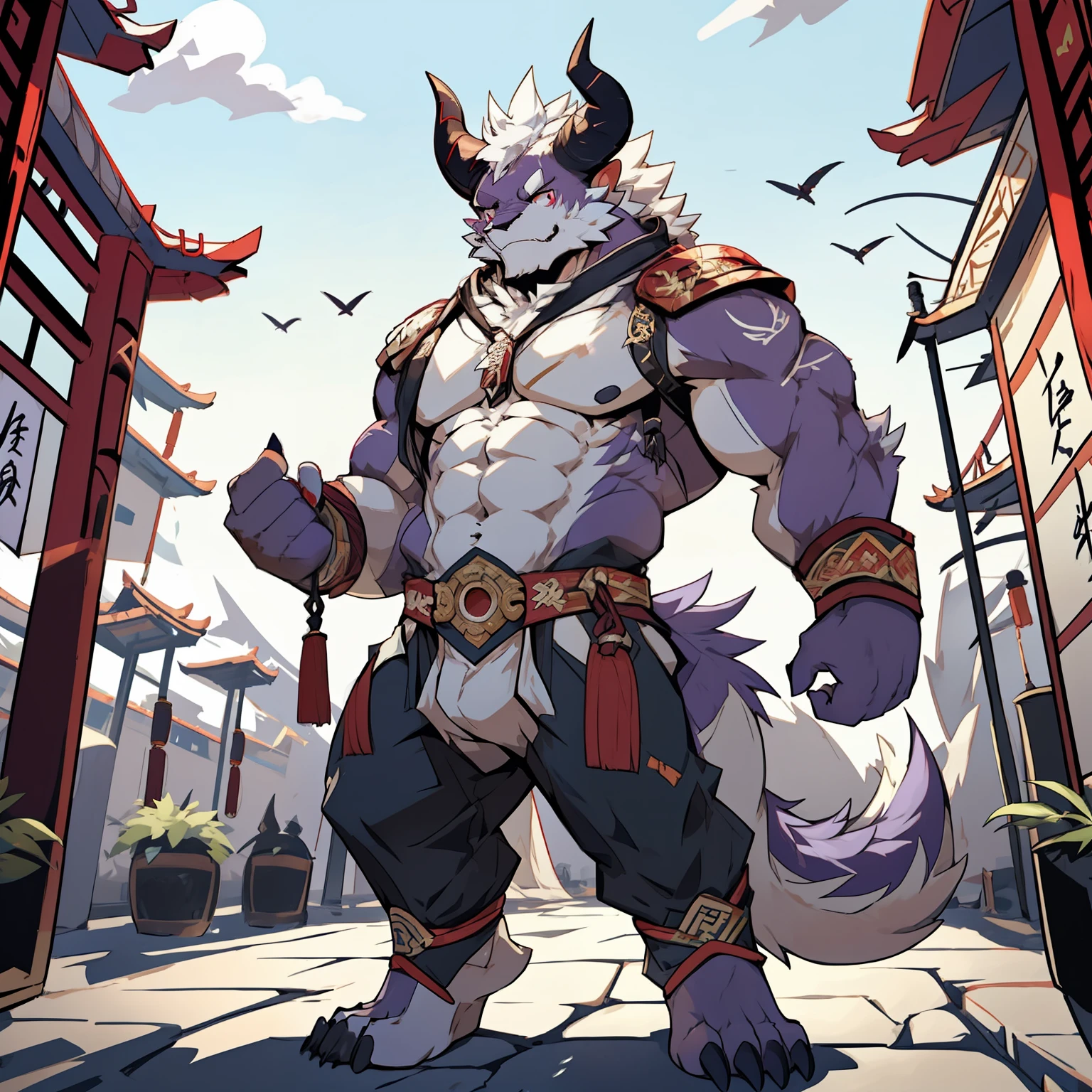 Best quality at best), (tmasterpiece), (((Single))), (ultra - detailed), (hairy pubic), Full Body hairy pubic, hairy pubic, (male behemoth: 1.5), (Yellow-skinned: 1.Purple fur: 1.3), Character focus, (red eyes), ((Puppet Hand)), ((Detailed characterocus sharp, Chinese wuxia, ((wuxia)), ((Chinese)), Chinese wuxia Costume, On the streets of ancient China, fit-muscled body, young, Upper body, Abs.