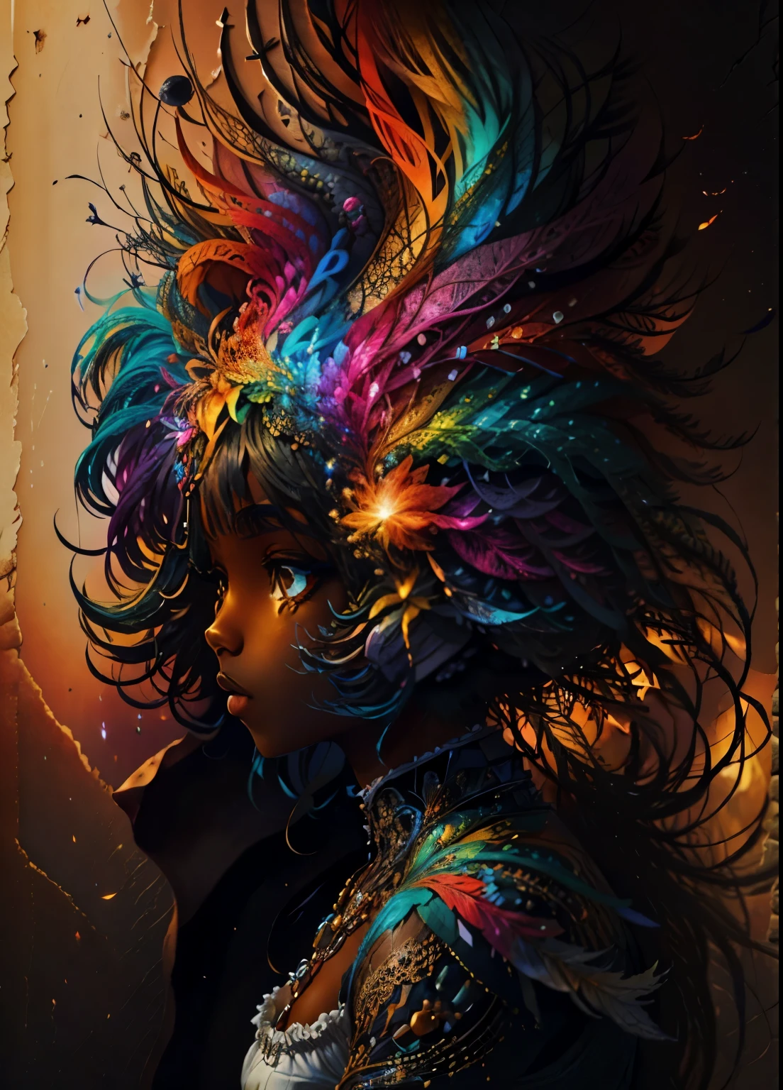colorhalf00d,, top-down view of a gabrielle uniyon, black woman, feathers, acceptance vibrant, beautiful, intricate, detailed