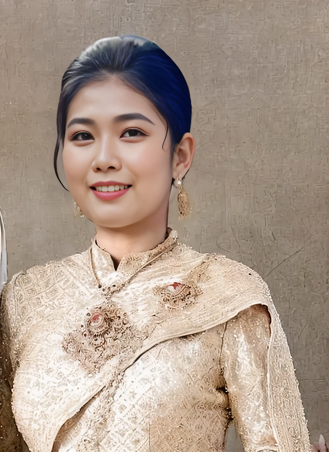 There was a woman wearing a gold dress and holding a fan.., sukhothai costume, south east asian with round face, nivanh chanthara, in style of thawan duchanee, traditional beauty, Southeast Asia vs. long, anime thai girl, thawan duchanee, leaked image, traditional, patiphan sottiwilaiphong