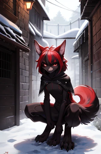 high res, girl, detailed red fur, sly smile, red twin tails, wolf, anthro, slender, small bust, lace black stealth suit with red highlights, sneaking, lace hooded poncho, furry tail, crouching, protruding ribs, fluffy digitigrade legs, night, snowy alley