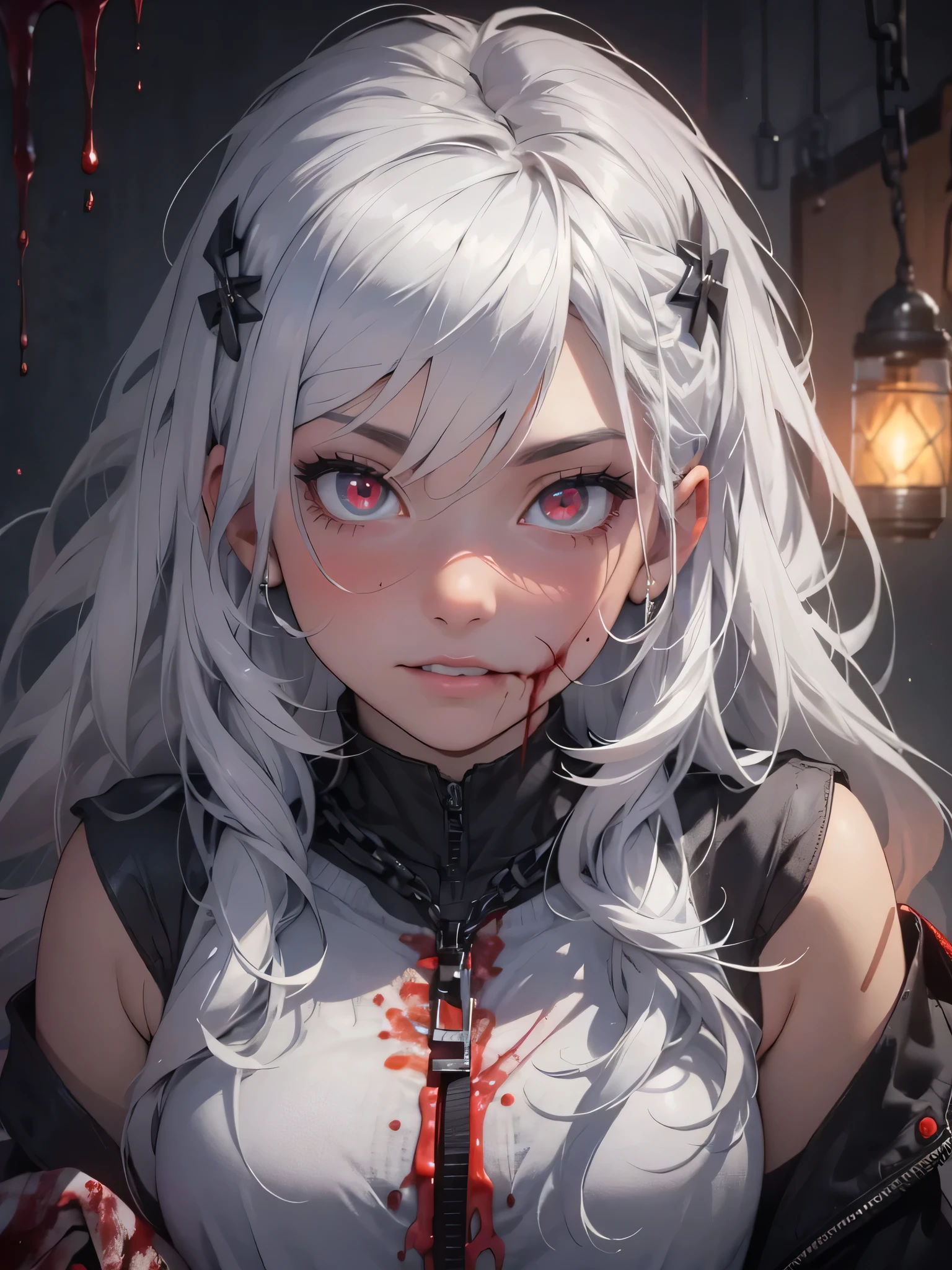 masutepiece, Best Quality, 1 girl, Supine, Lying face down on the floor, pale skin, messy white hair, (Red Eyes:1.2), (Glowing eyes:1.2), creepy, creepy smile, blush, crazy expression, (Blood on face:1.2), (Blood on clothes:1.2), Naked, creepy, Scary, Blood, Horror, light Particle, Night, iron bracelets with chains、Close up face