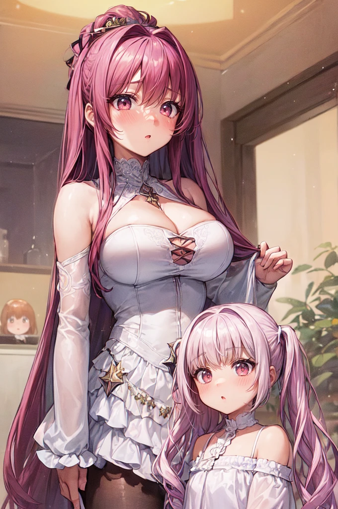 (2girls:1.5), (height_difference:1.6), (size_difference:1.1), (giantess:1.1), a giantess looking down at tiny woman, a giantess hugging a tiny woman, a tiny woman below the breasts of a giantess, pink twintail girls bedroom, (she is much bigger than her), (she is much taller), adult woman, (adult woman: 1.2), (mature older girl: 1.2), looking at another, they are looking at another