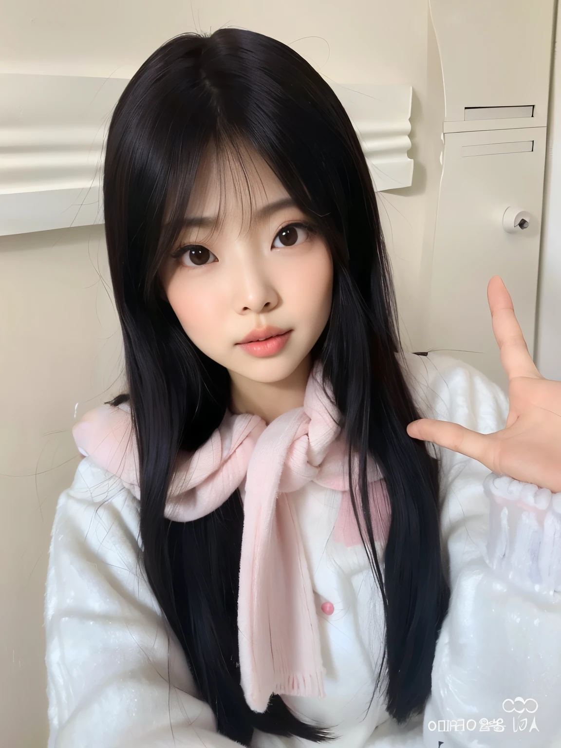 puffy Asian girl with long black hair and a pink scarf, Ulzzang, preto hime corte cabelo, cabelo preto longo com franja, Ela tem cabelo preto com franja, cabelos pretos e olhos grandes, bonito rosto de anime natural, menina kawaii bonito, menina bonito-fino-cara, com cabelo preto liso, young cute wan asian face, longos cabelos lisos pretos livres