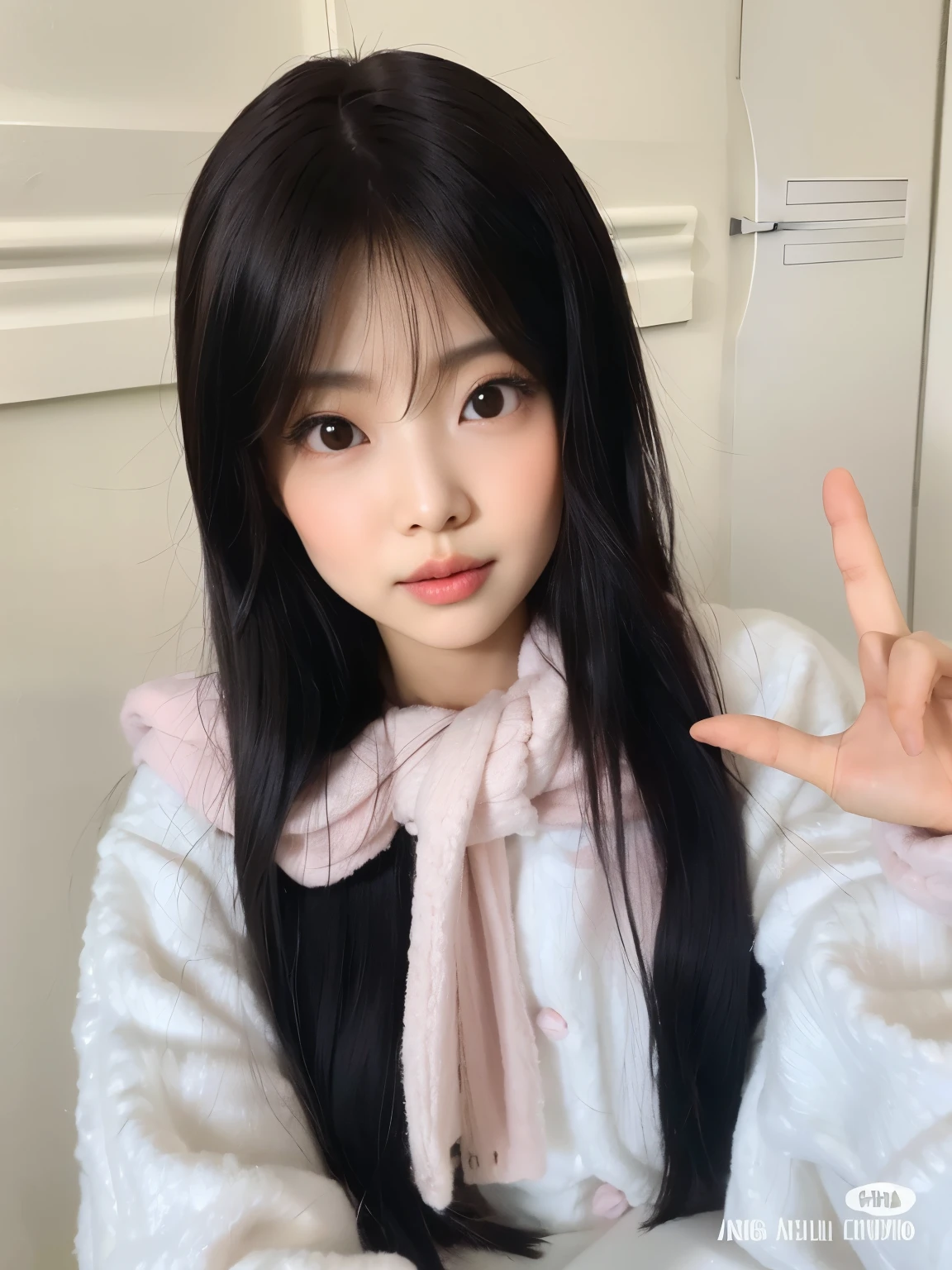 puffy Asian girl with long black hair and a pink scarf, Ulzzang, preto hime corte cabelo, cabelo preto longo com franja, Ela tem cabelo preto com franja, cabelos pretos e olhos grandes, bonito rosto de anime natural, kawaii bonito, meninao-fino-cara, com cabelo preto liso, young cute wan asian face, longos cabelos lisos pretos livres